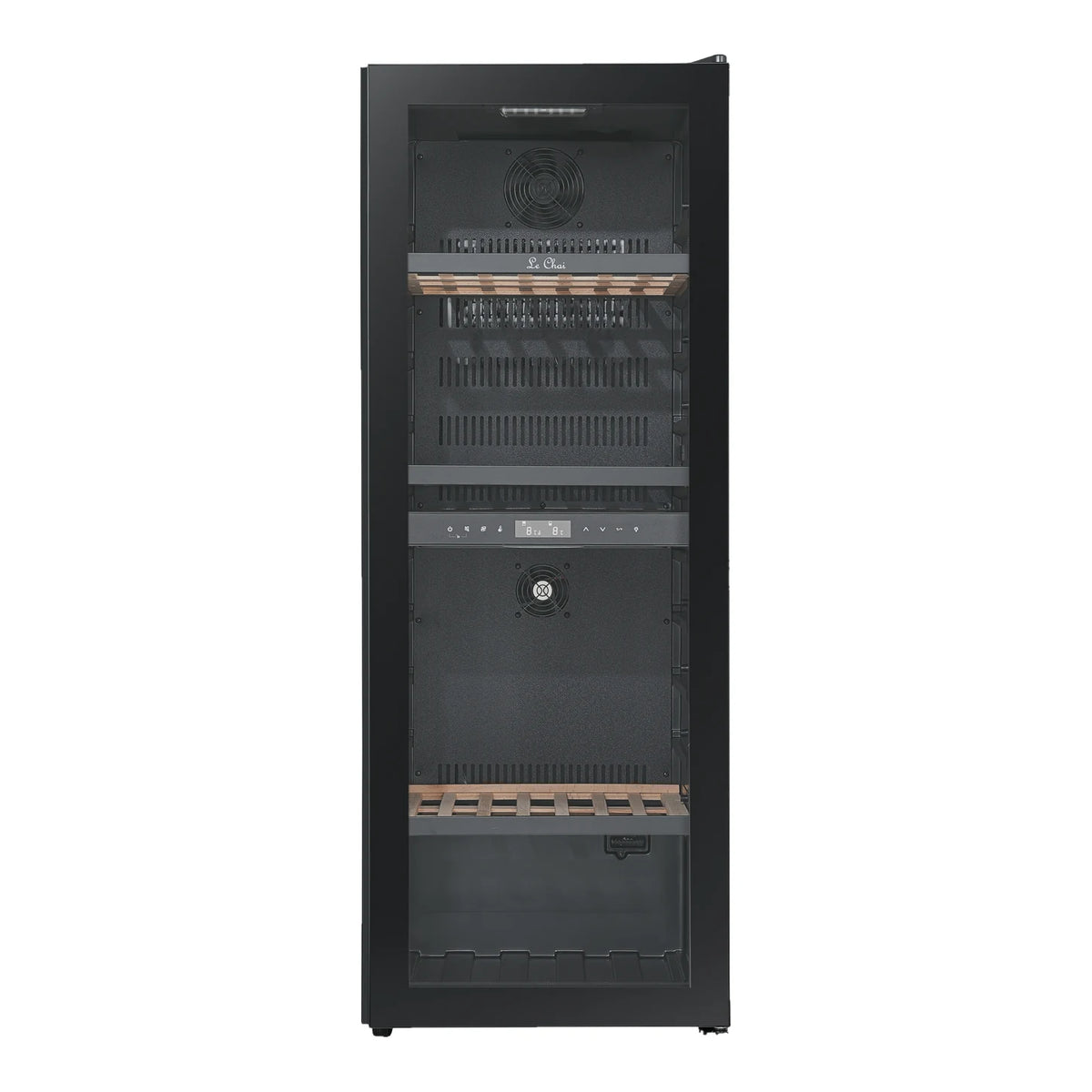 Vinoteca Le Chai LCT2FS100 de 100 botellas, vacía, vista frontal con la puerta cerrada.