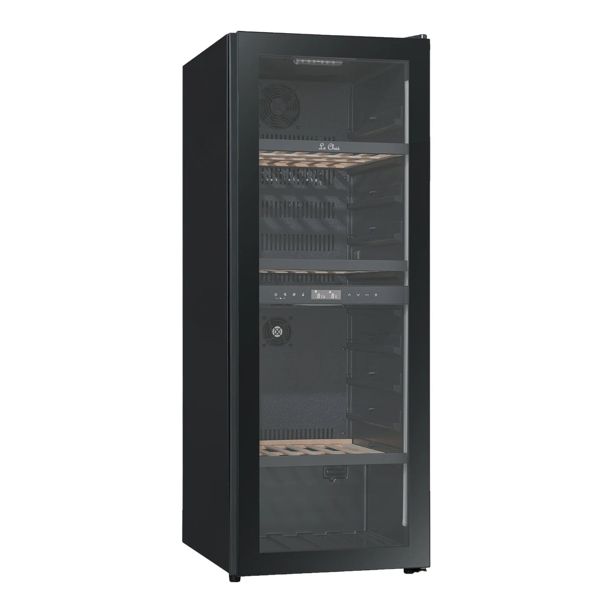 Vinoteca Le Chai LCT2FS100 de 100 botellas, vacía, vista de tres cuartos con la puerta cerrada.
