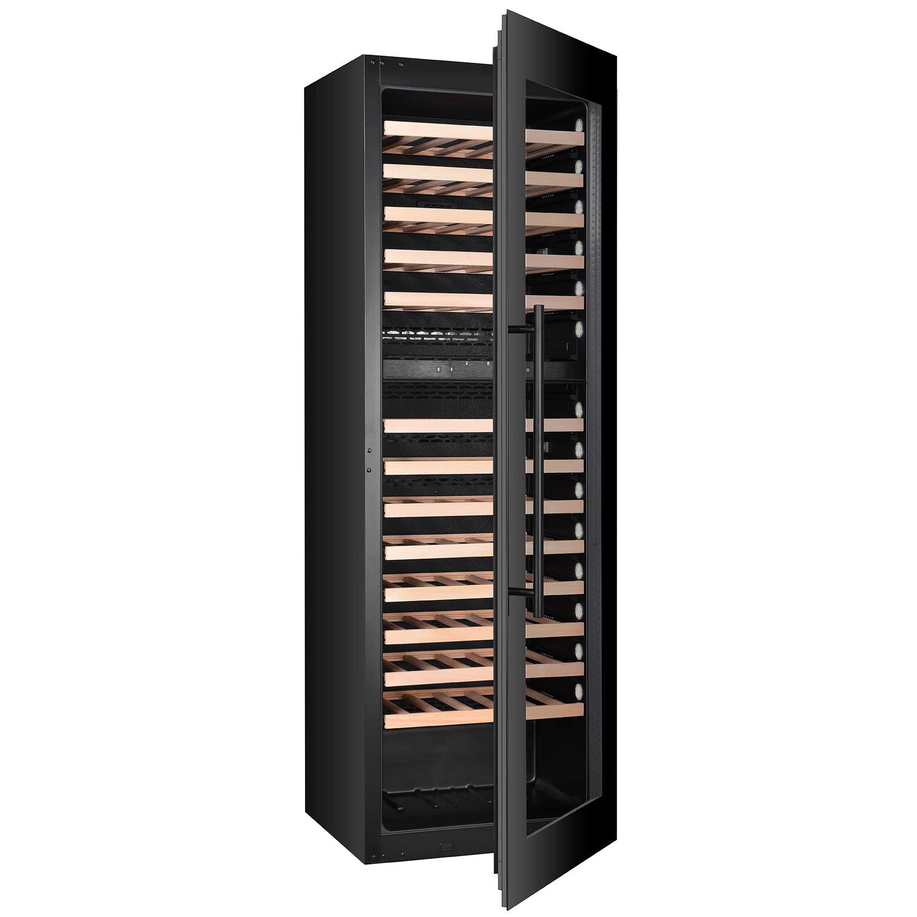 Vinoteca encastrable doble zona 100 botellas Cavanova CV0100KT-2Tpuerta semi abierta y vacía