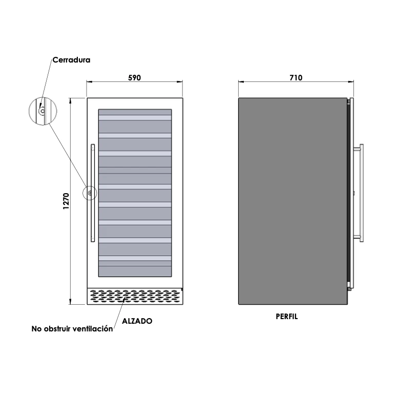 Plano de medidas de la vinoteca Cavanova CV120DTI de 102 botellas, doble zona, para instalación integrable.