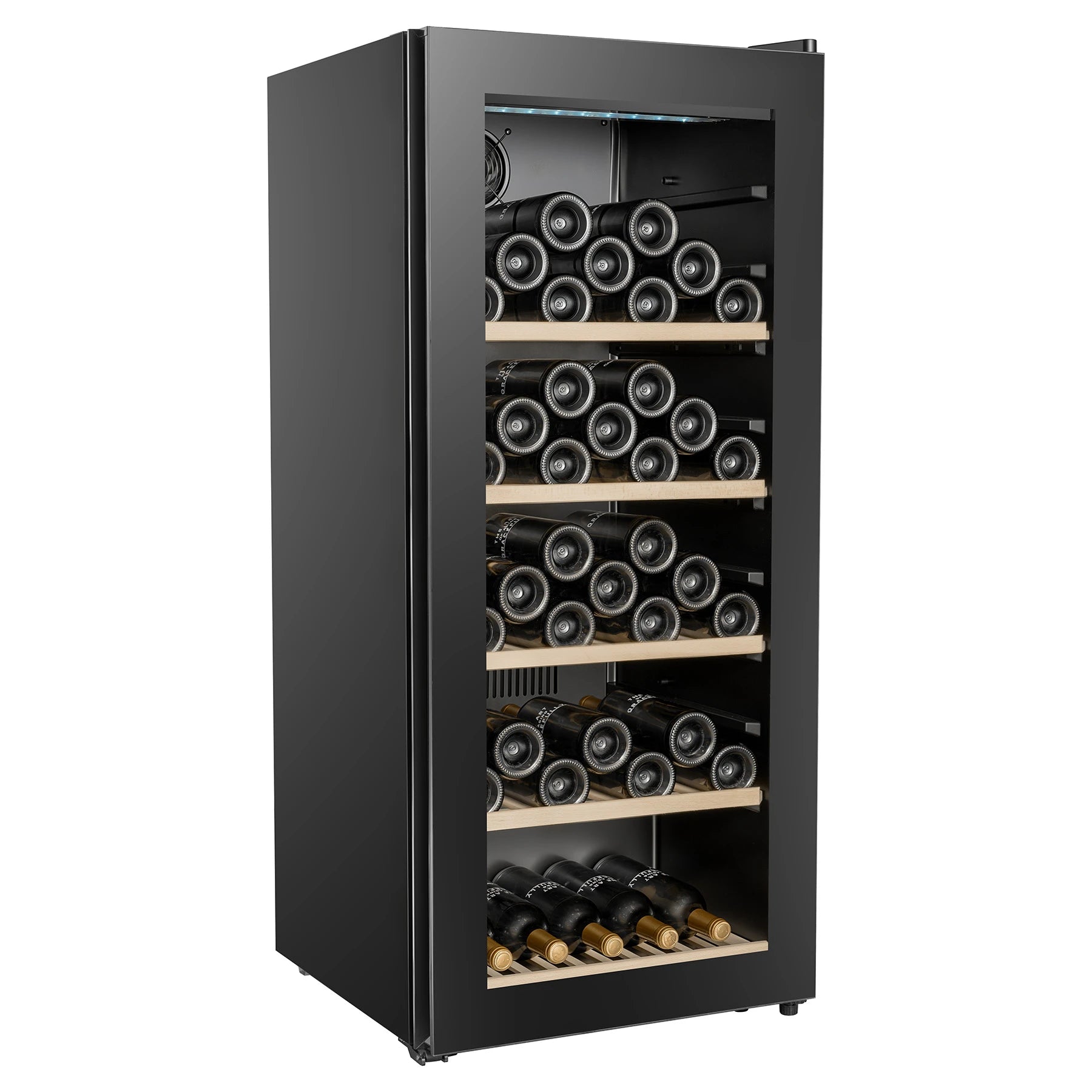 Interior de la vinoteca La Réserve RWC1102FN1 con estantes de madera para botellas