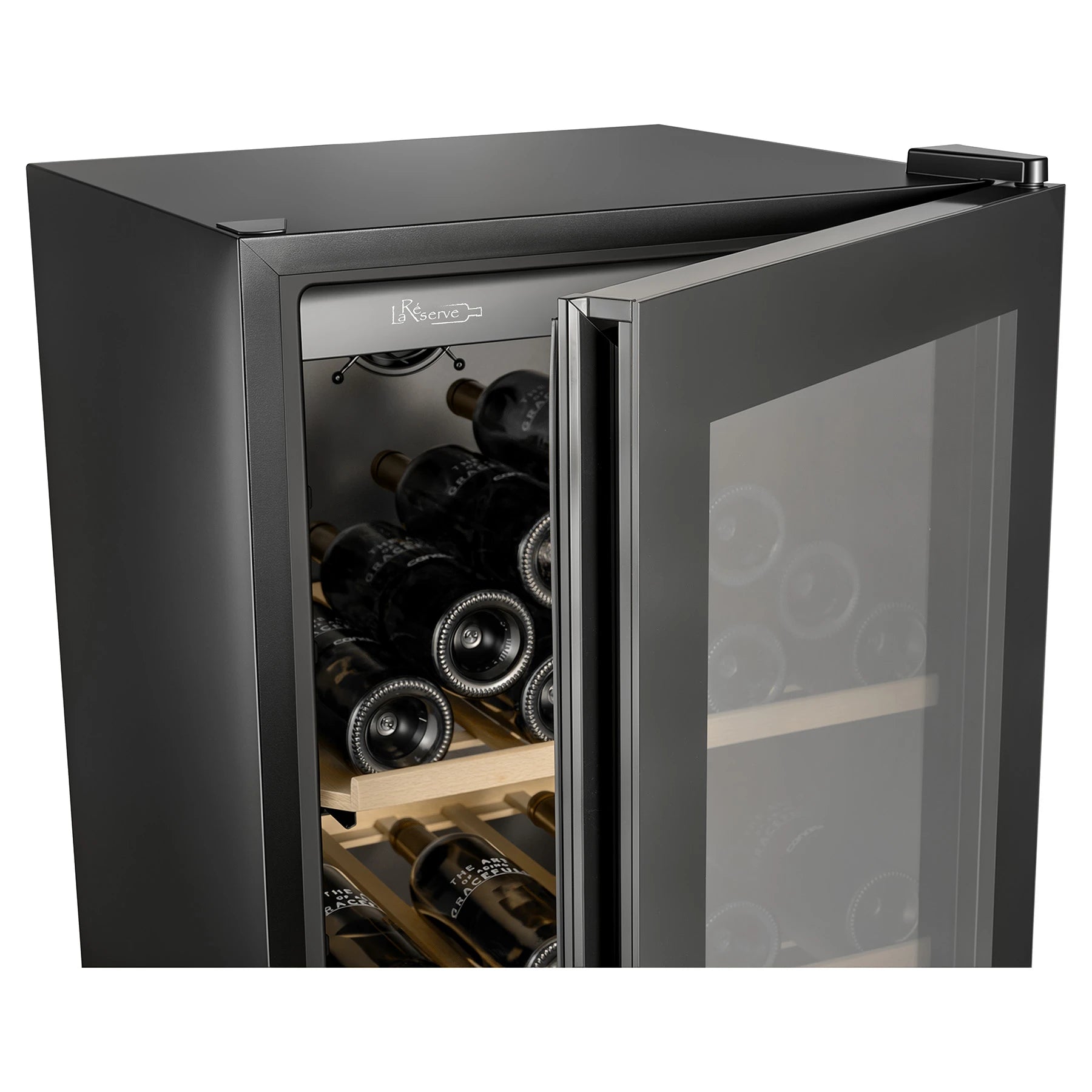 Detalle de la vinoteca La Réserve RWC1102FN1 con puerta de cristal negro y diseño vertical