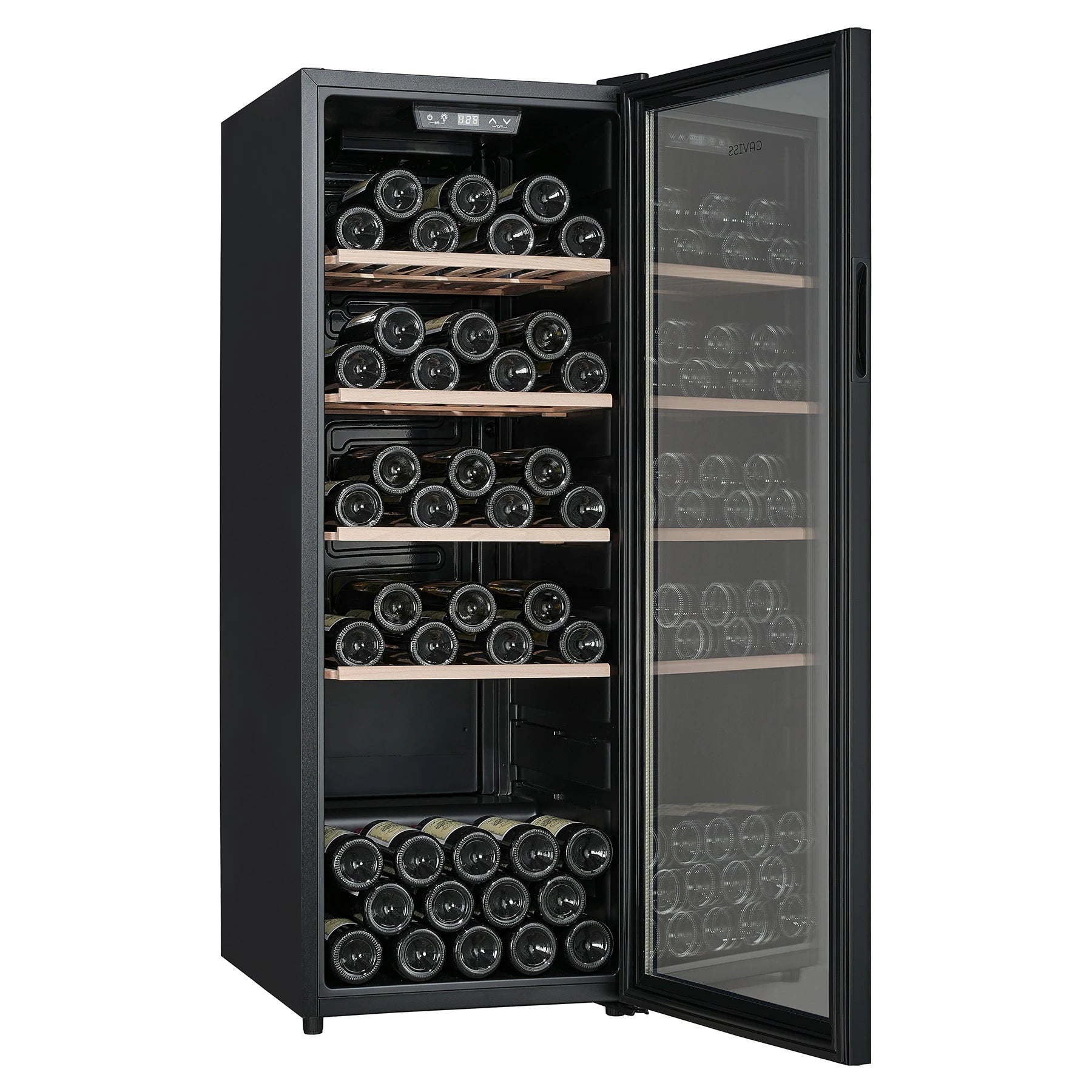 Vinoteca Caviss CT1PL105CB abierta y llena de botellas, vista de tres cuartos