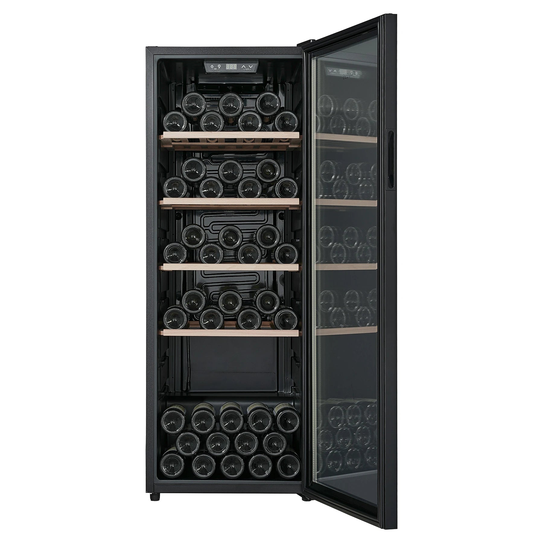 Vinoteca Caviss CT1PL105CB abierta con los cuatro estantes de madera llenos