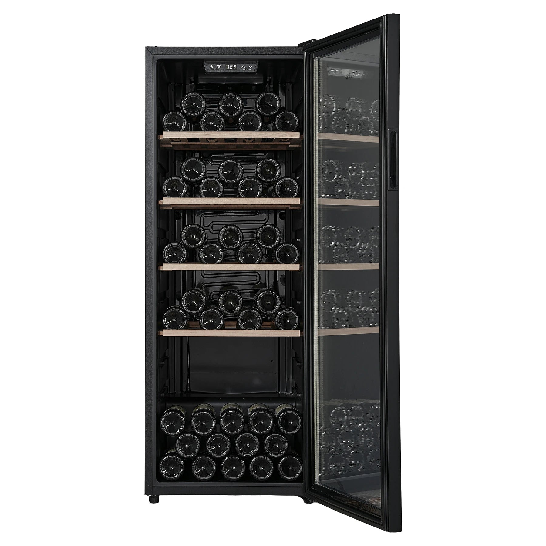 Vinoteca Caviss CT1PL105CB abierta y llena, vista frontal