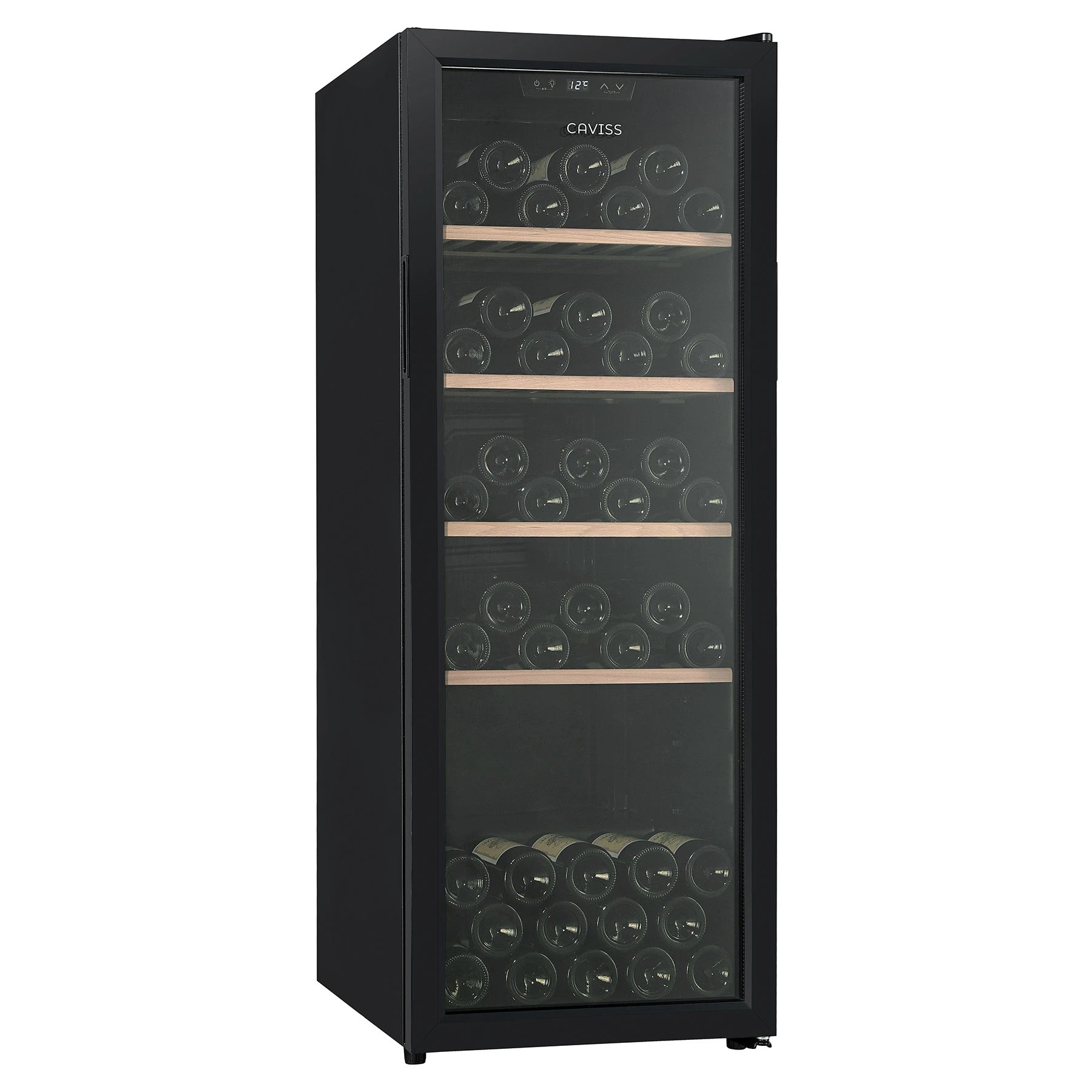 Vinoteca Caviss CT1PL105CB cerrada con botellas en el interior, vista de tres cuartos