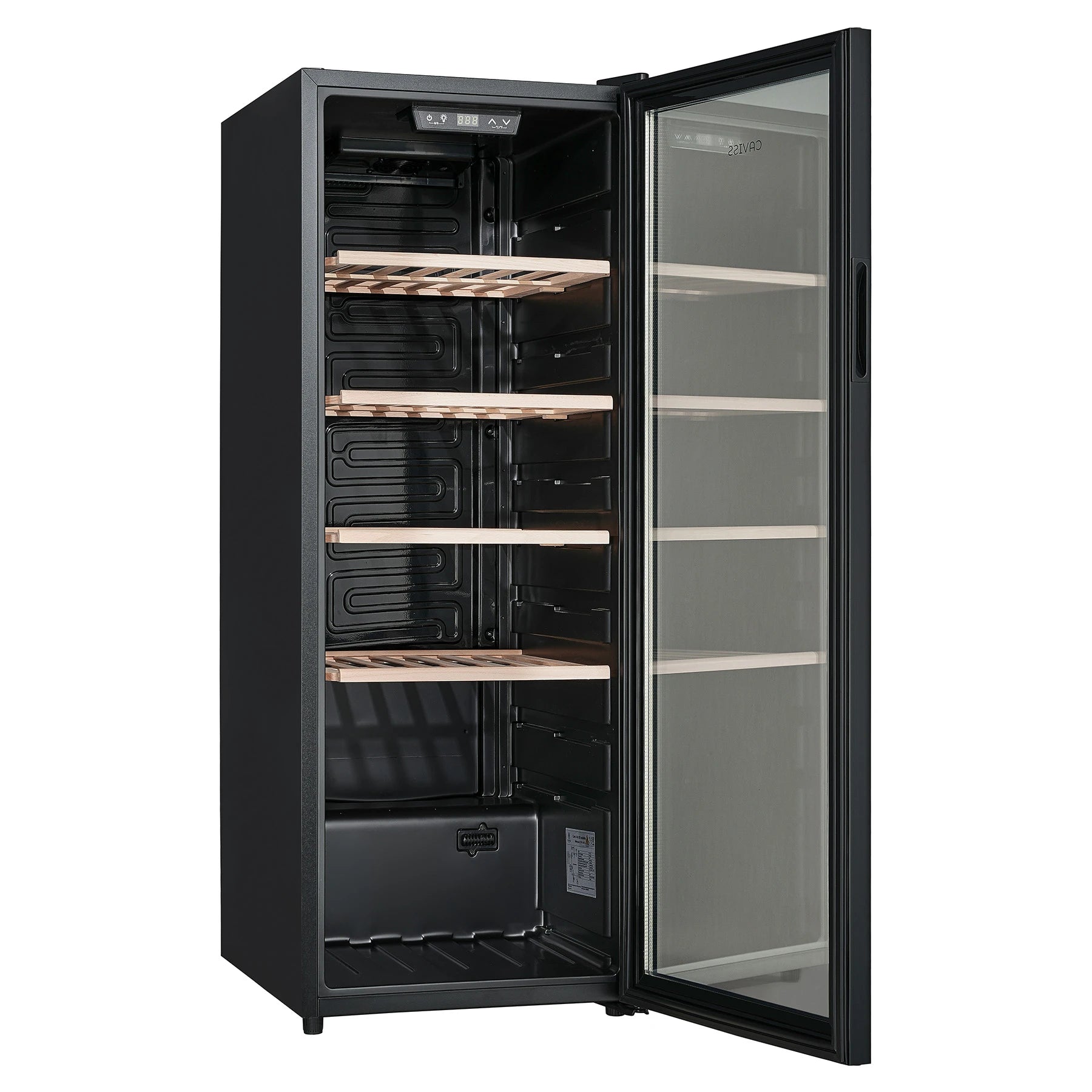 Vinoteca Caviss CT1PL105CB abierta y vacía con los estantes de madera a la vista