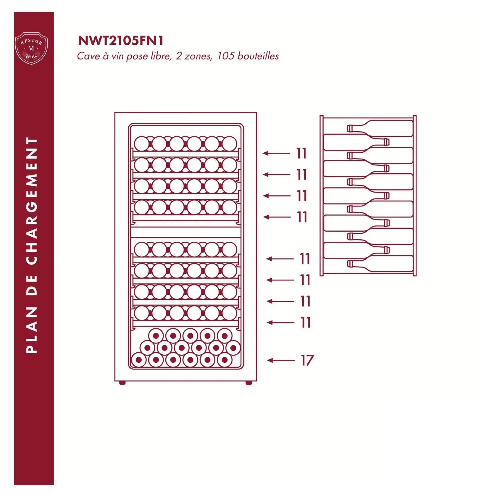 Vinoteca Nestor M Wine NWT2105FN1 con puerta abierta, doble zona y estantes de madera con botellas