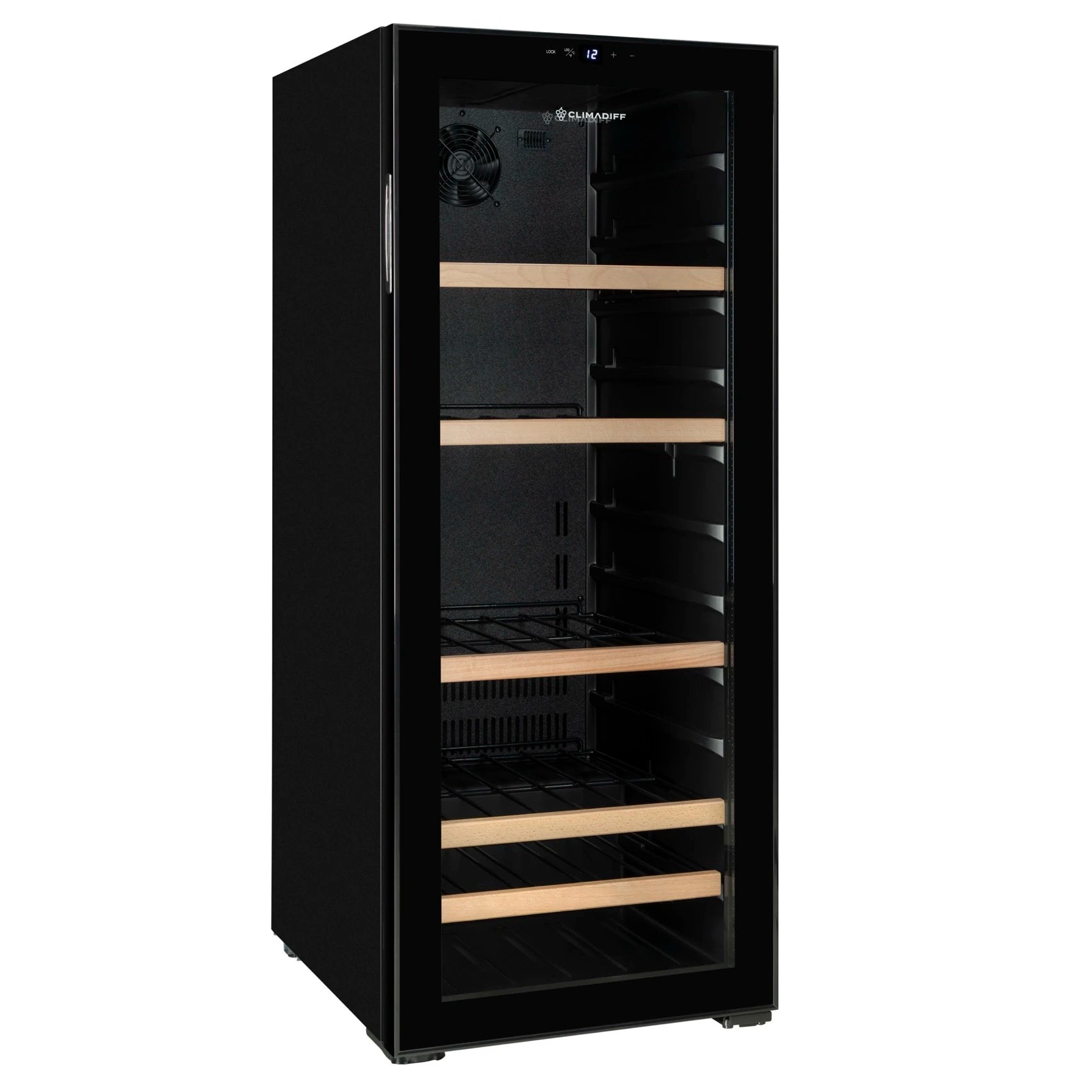 Vinoteca Climadiff CEPAGE108 de 108 botellas, vista del interior con estantes deslizantes.