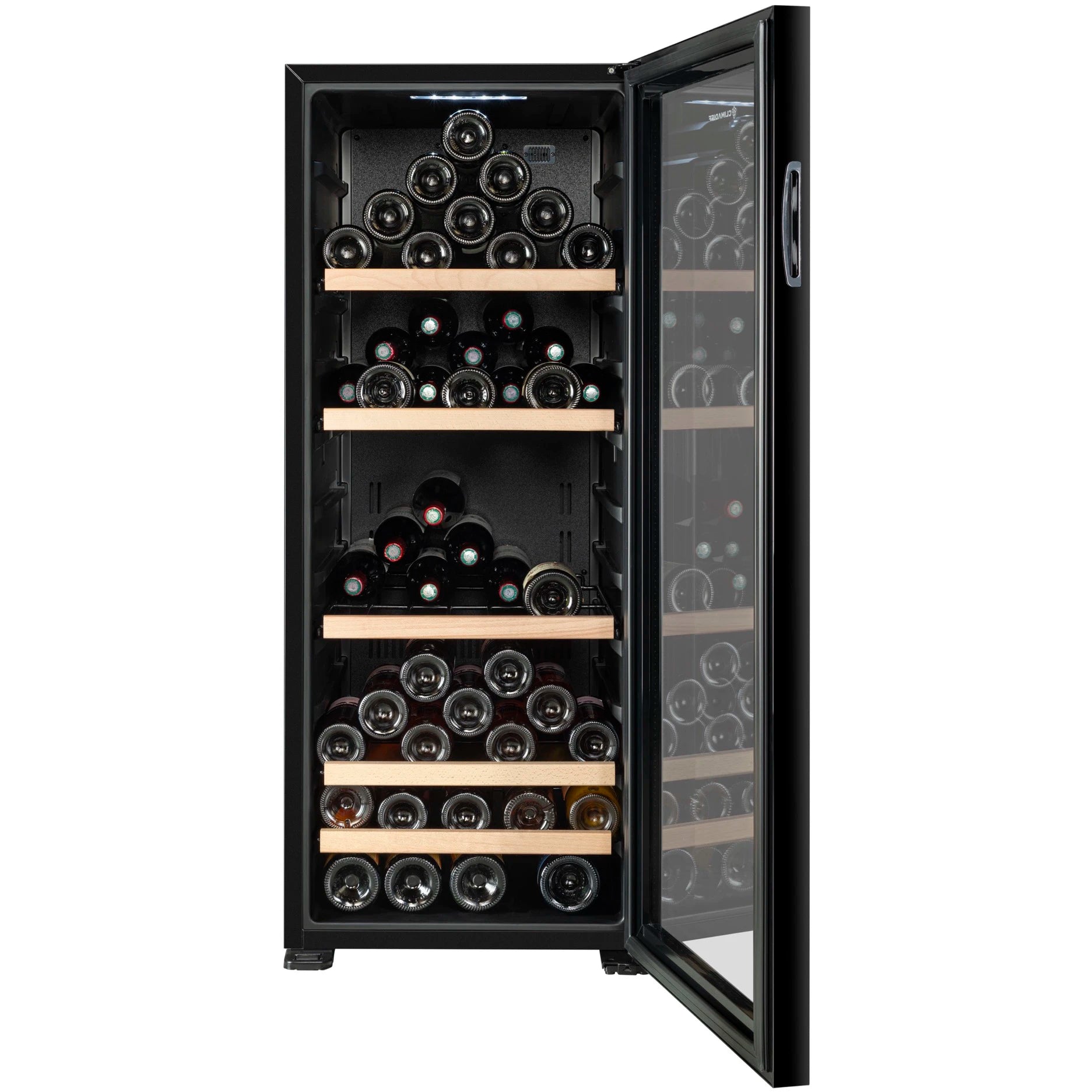 Vinoteca Climadiff CEPAGE108, vista del equipo negro con puerta acristalada.