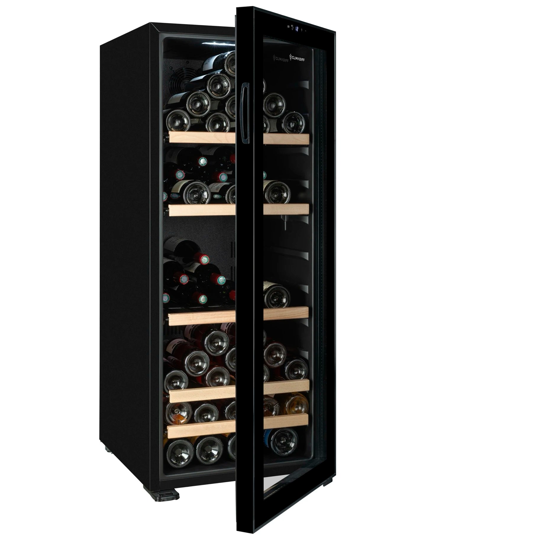 Vinoteca Climadiff CEPAGE108, detalle de estantes metálicos con frontal de madera natural.
