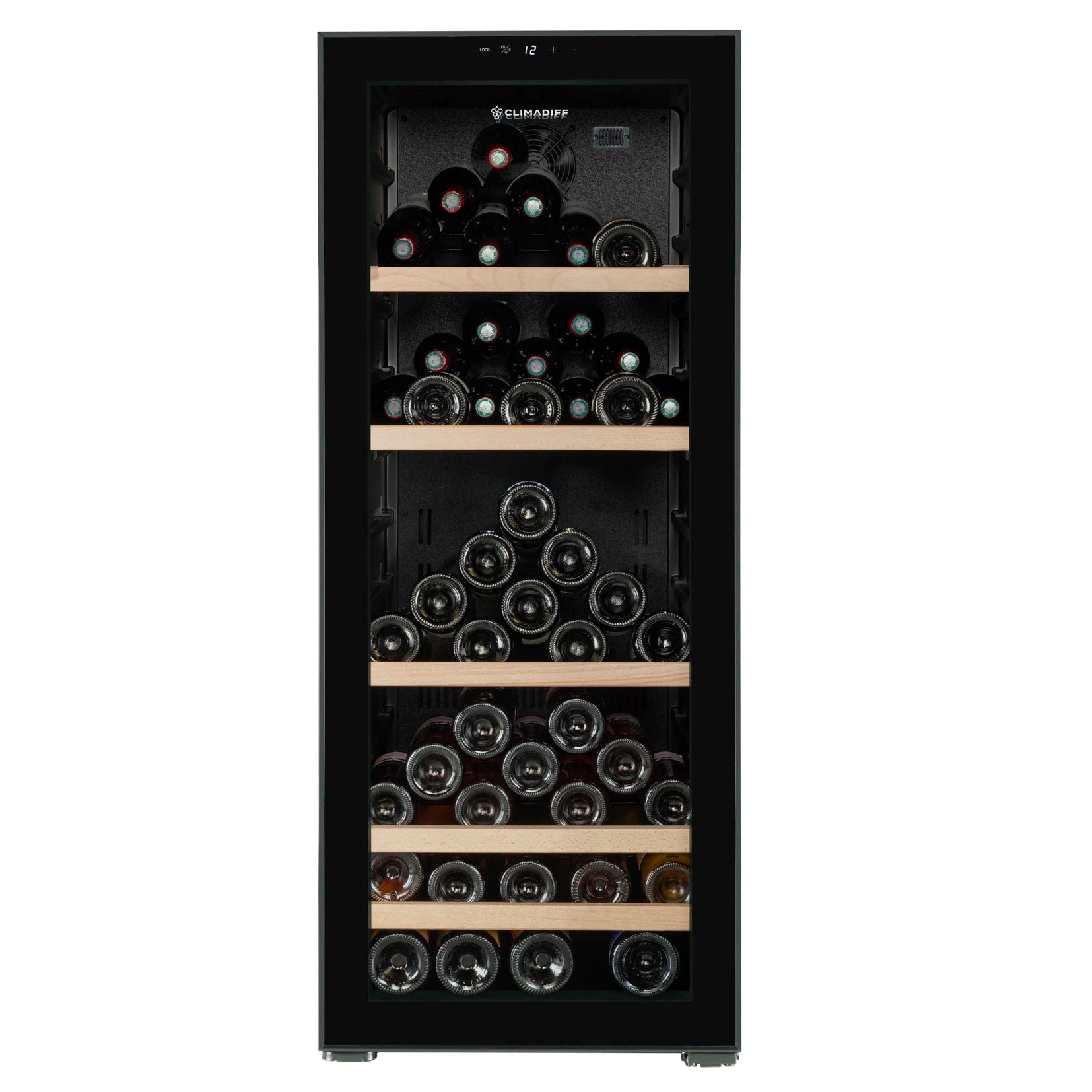 Climadiff CEPAGE108, vinoteca de 108 botellas con puerta de cristal gris y estantes con frontal de madera.