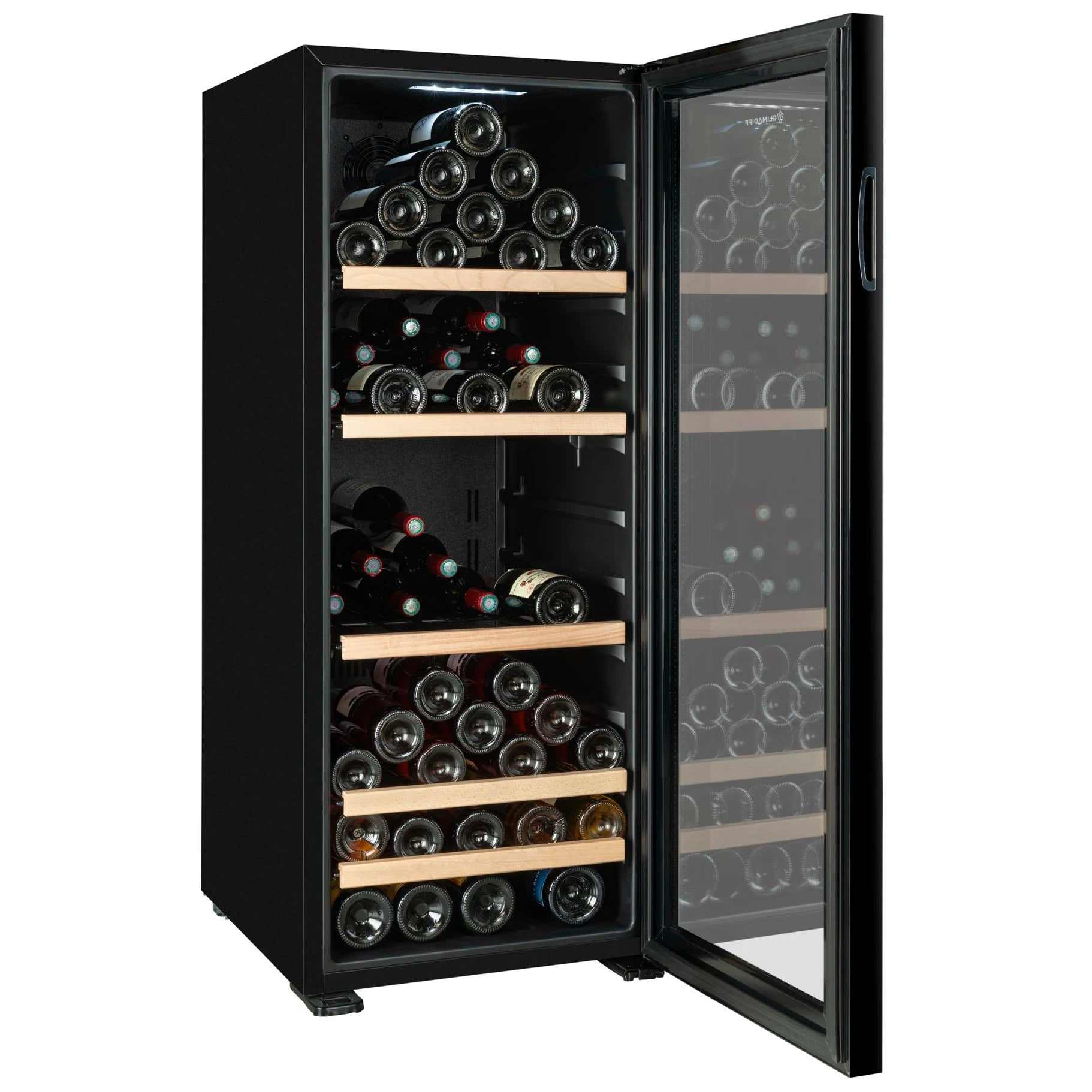 Climadiff CEPAGE108, vinoteca de libre instalación con diseño negro y puerta de cristal gris.