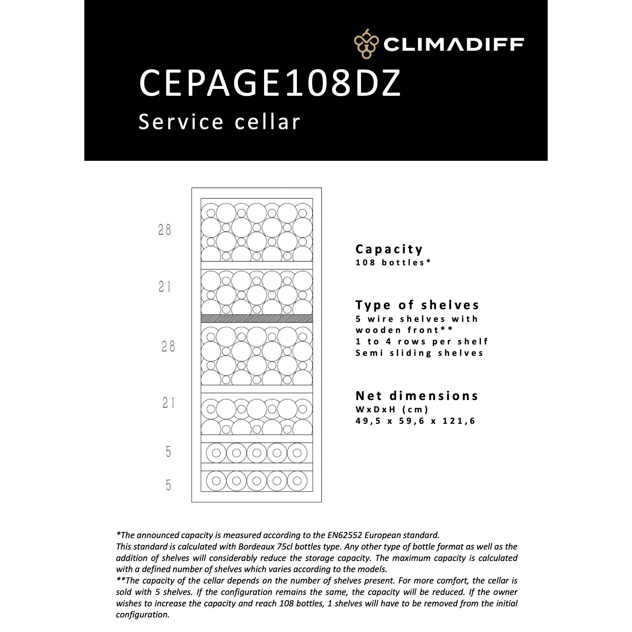 Climadiff CEPAGE108DZ, detalle del interior con botellas y estantes de acero.