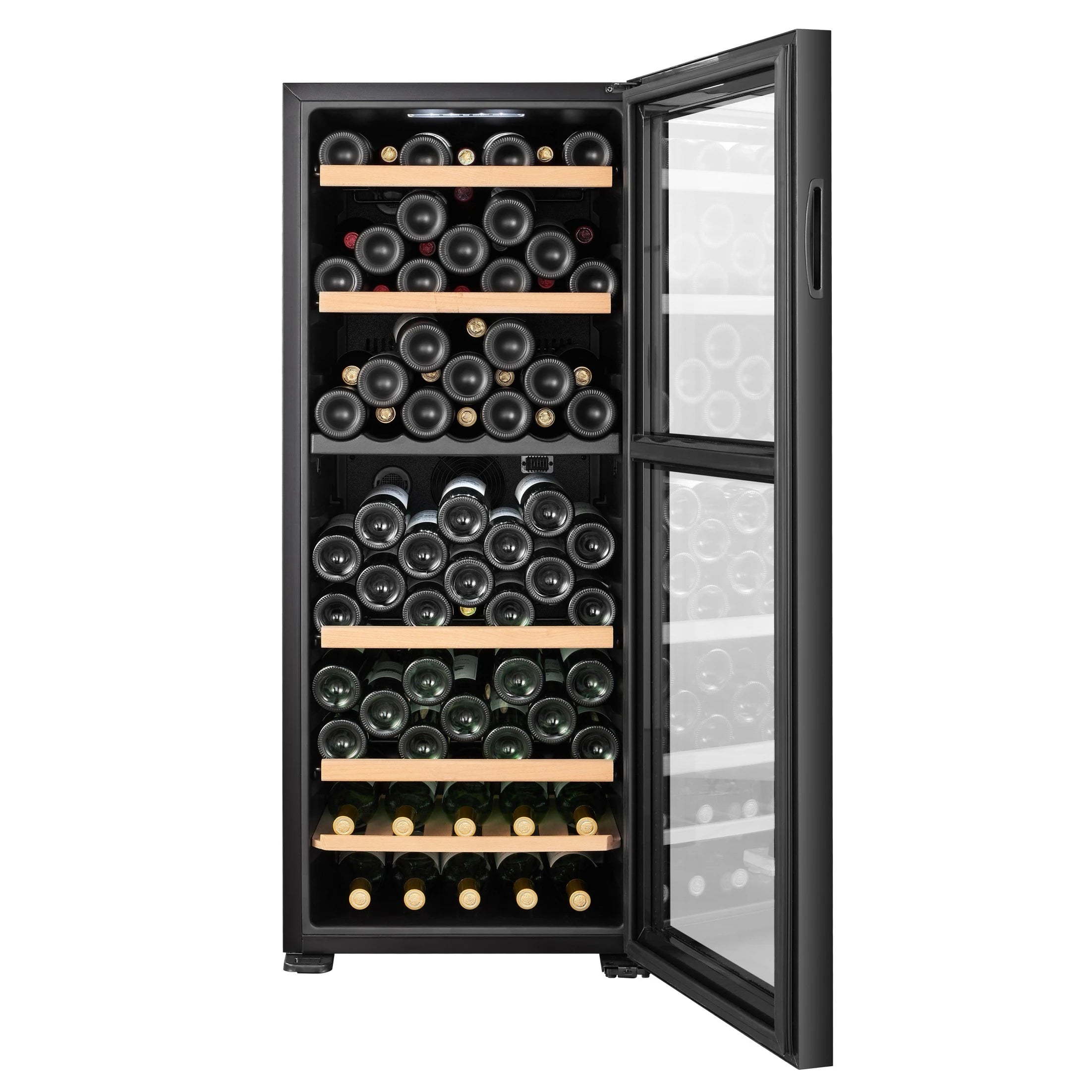 Climadiff CEPAGE108DZ, vinoteca doble zona con estantes de acero y frontal de madera.