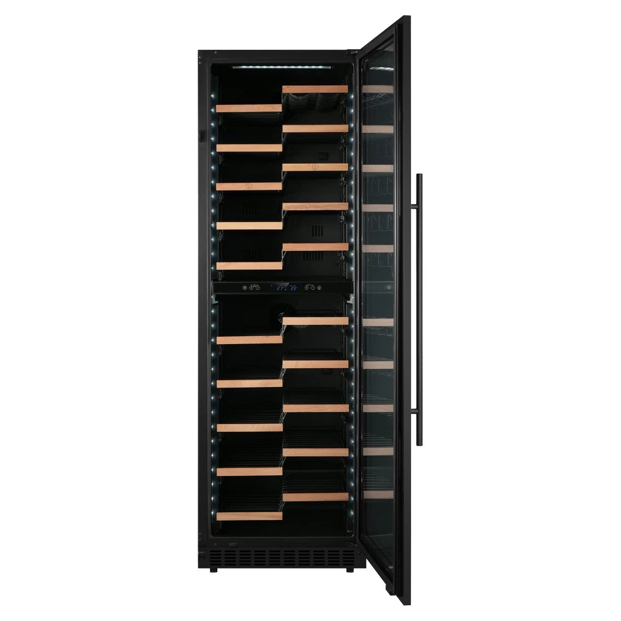Vinoteca Nestor M Wine NWBP2120GN1 con puerta abierta, doble zona y estantes deslizantes