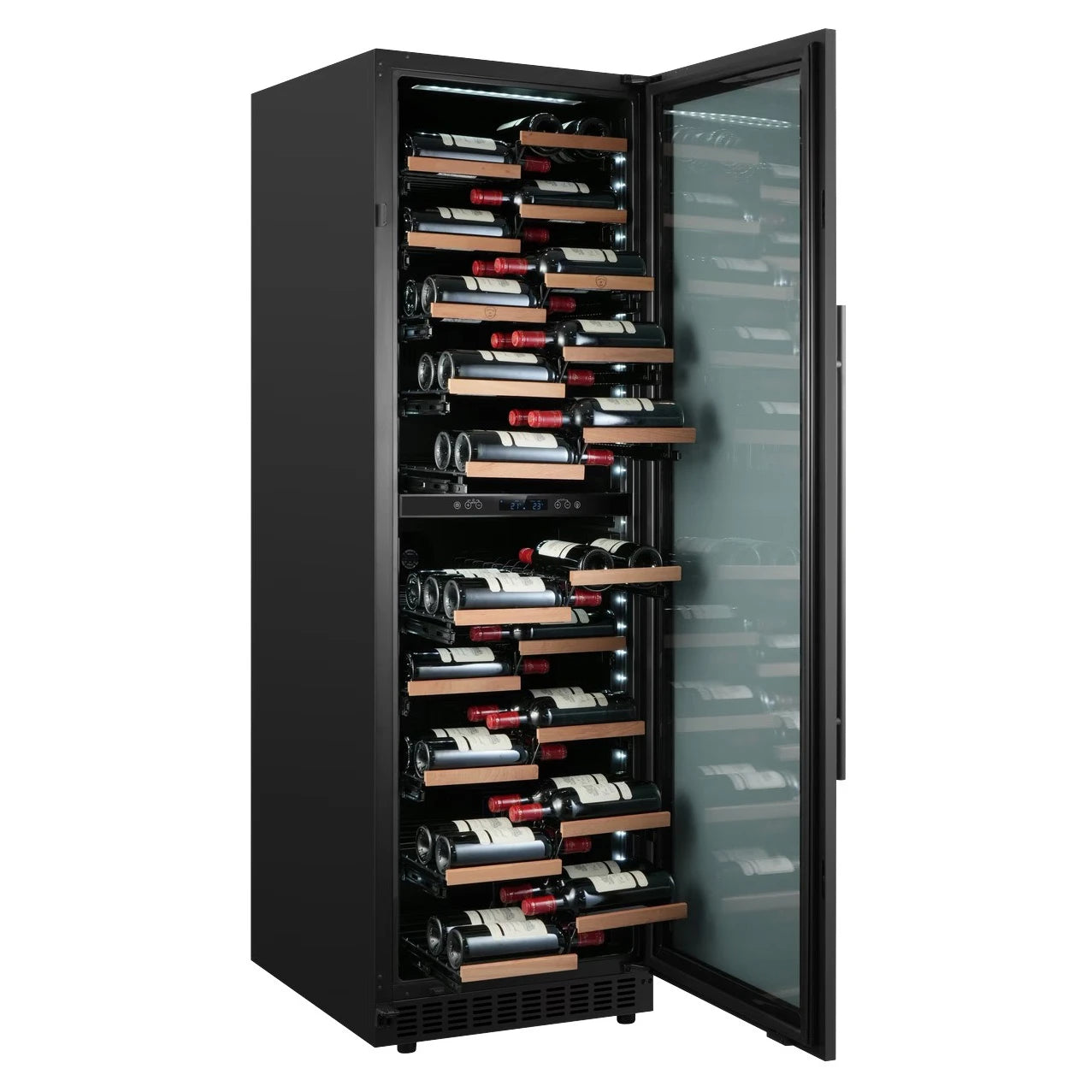 Interior de la vinoteca Nestor M Wine NWBP2120GN1 con estantes metálicos y botellas