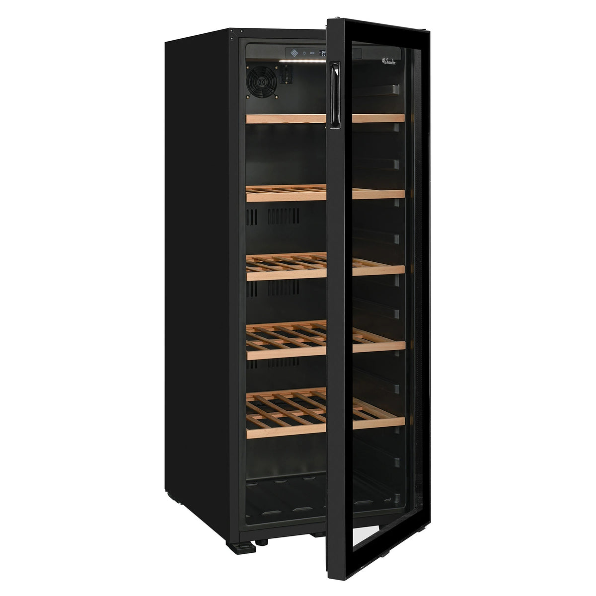 La Sommelière SMART112 wine cooler side view with the door open and empty wooden shelves