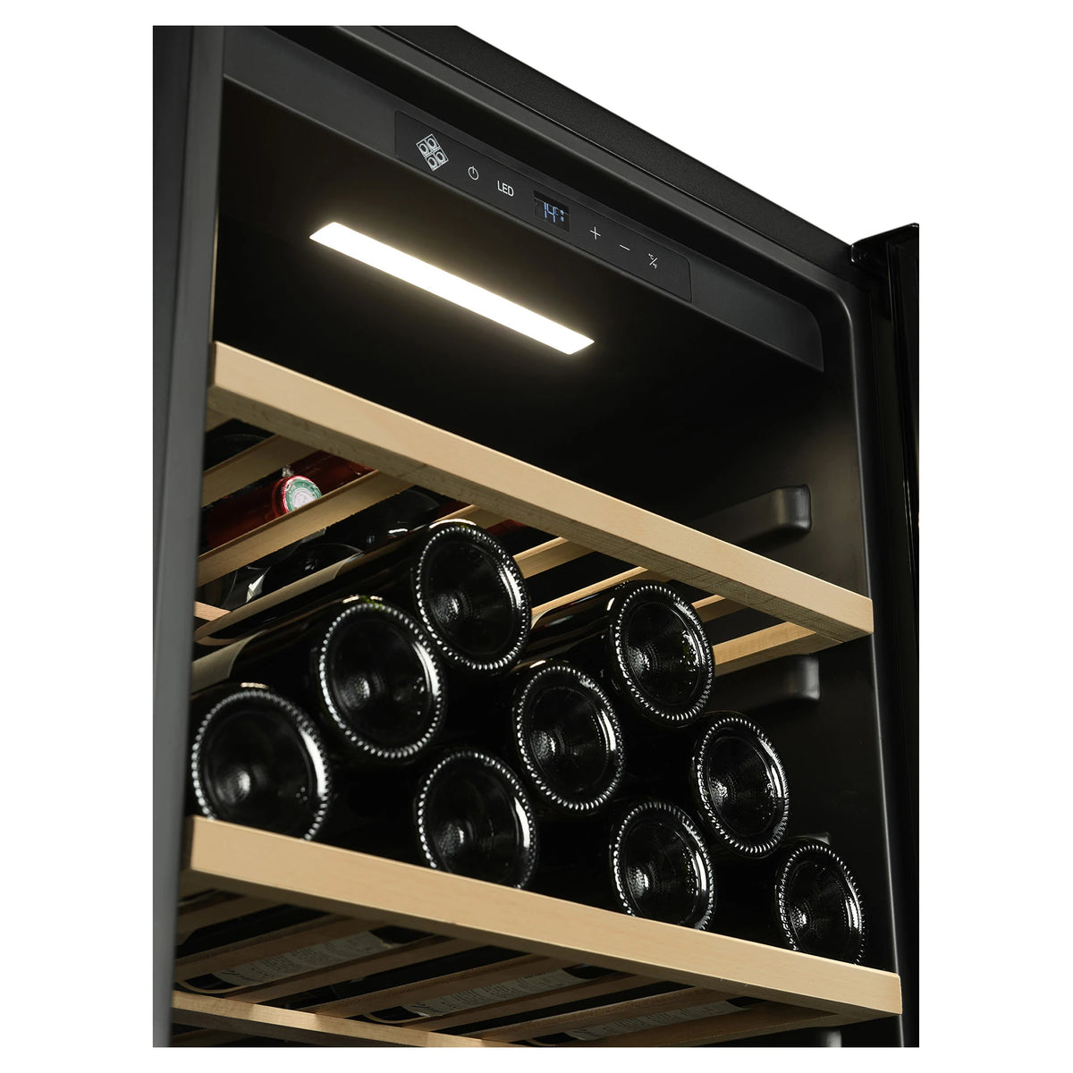 Interior detail of the La Sommelière SMART112 wine cooler with bottles on wooden shelves and LED lighting