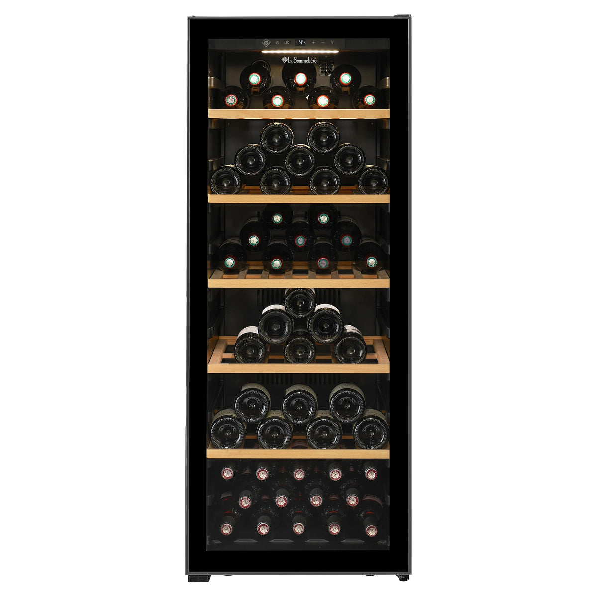 La Sommelière SMART112 wine cooler front view with the door closed and full of bottles