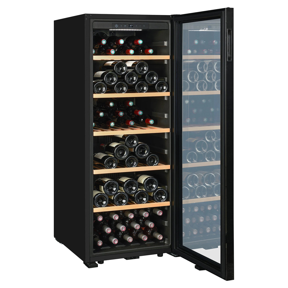 La Sommelière SMART112 wine cooler angled view with the door open and full of bottles
