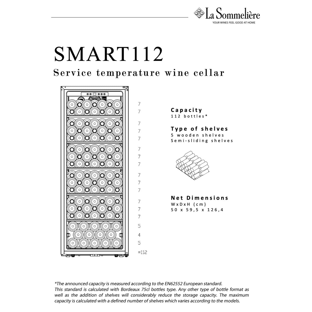 Loading plan of the La Sommelière SMART112 wine cooler: 112 bottles on 5 wooden shelves and the base