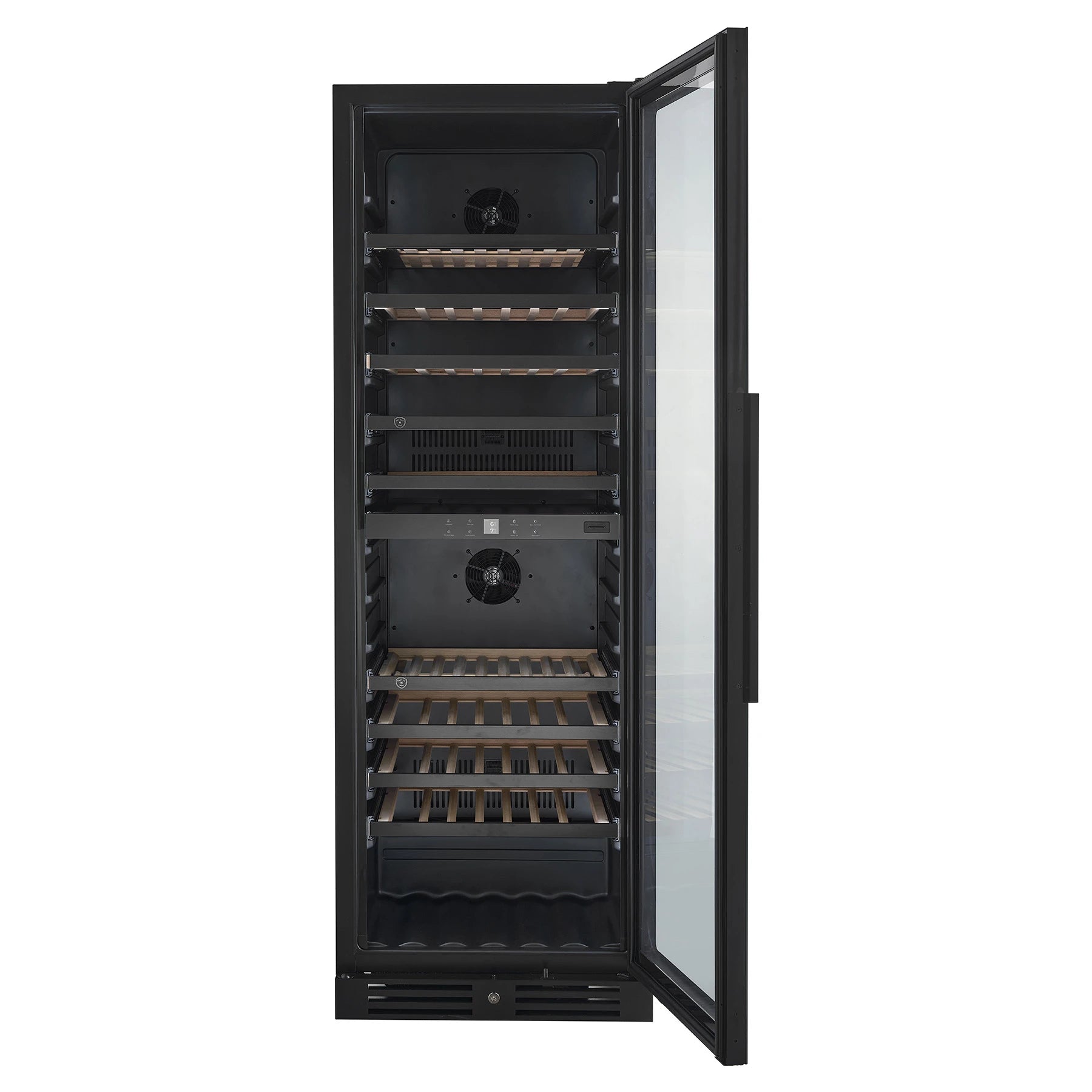 Vista frontal de la vinoteca Nestor M Wine NWX2113FN2 con diseño de cristal negro