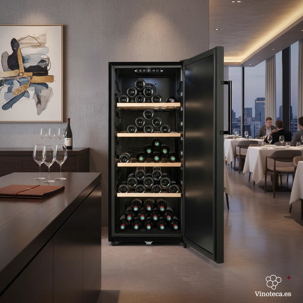 Vista frontal de la vinoteca La Sommelière CTPNE120E abierta y llena de botellas, en un restaurante moderno con mesas servidas y vista a la ciudad al fondo.