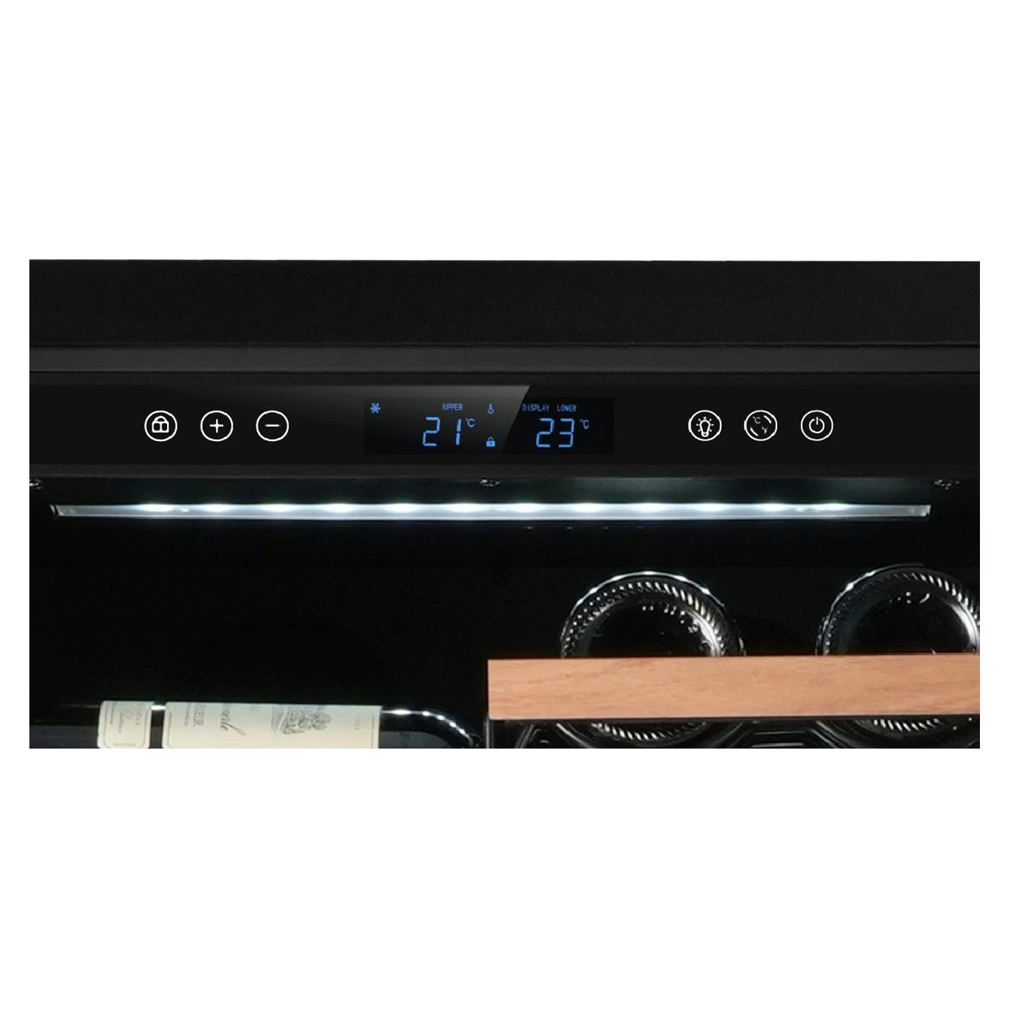 Vinoteca Nestor M Wine NWBP1116GN1 con puerta abierta, estantes interiores y botellas