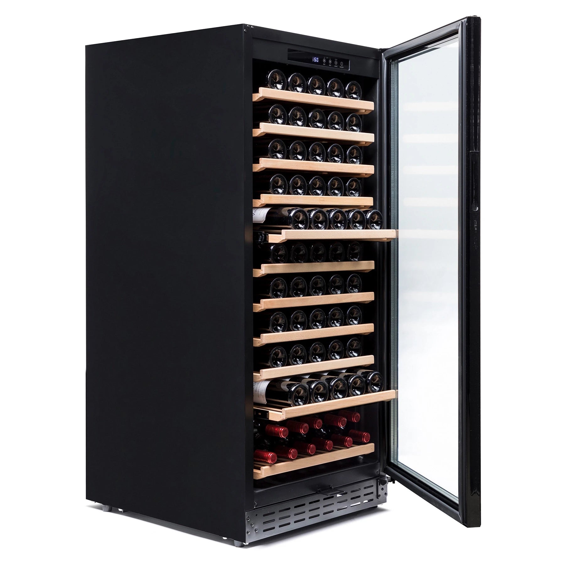 Detalle de la vinoteca Vinobox V110 GC 1T Black con acabado negro y puerta de doble cristal.