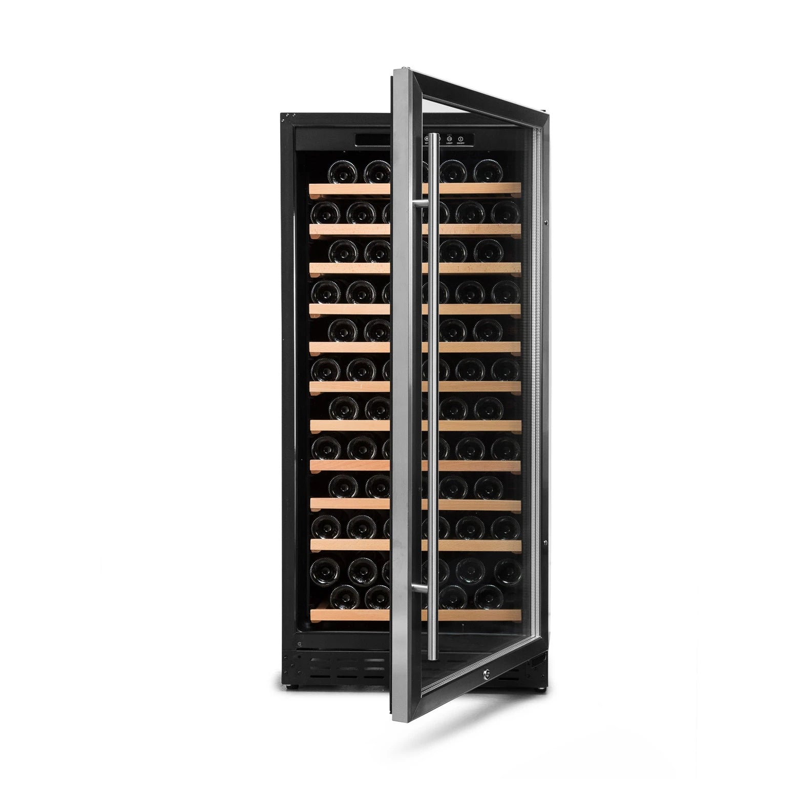 Interior de la vinoteca Vinobox V110 GC 1T Inox con baldas de madera para 116 botellas.