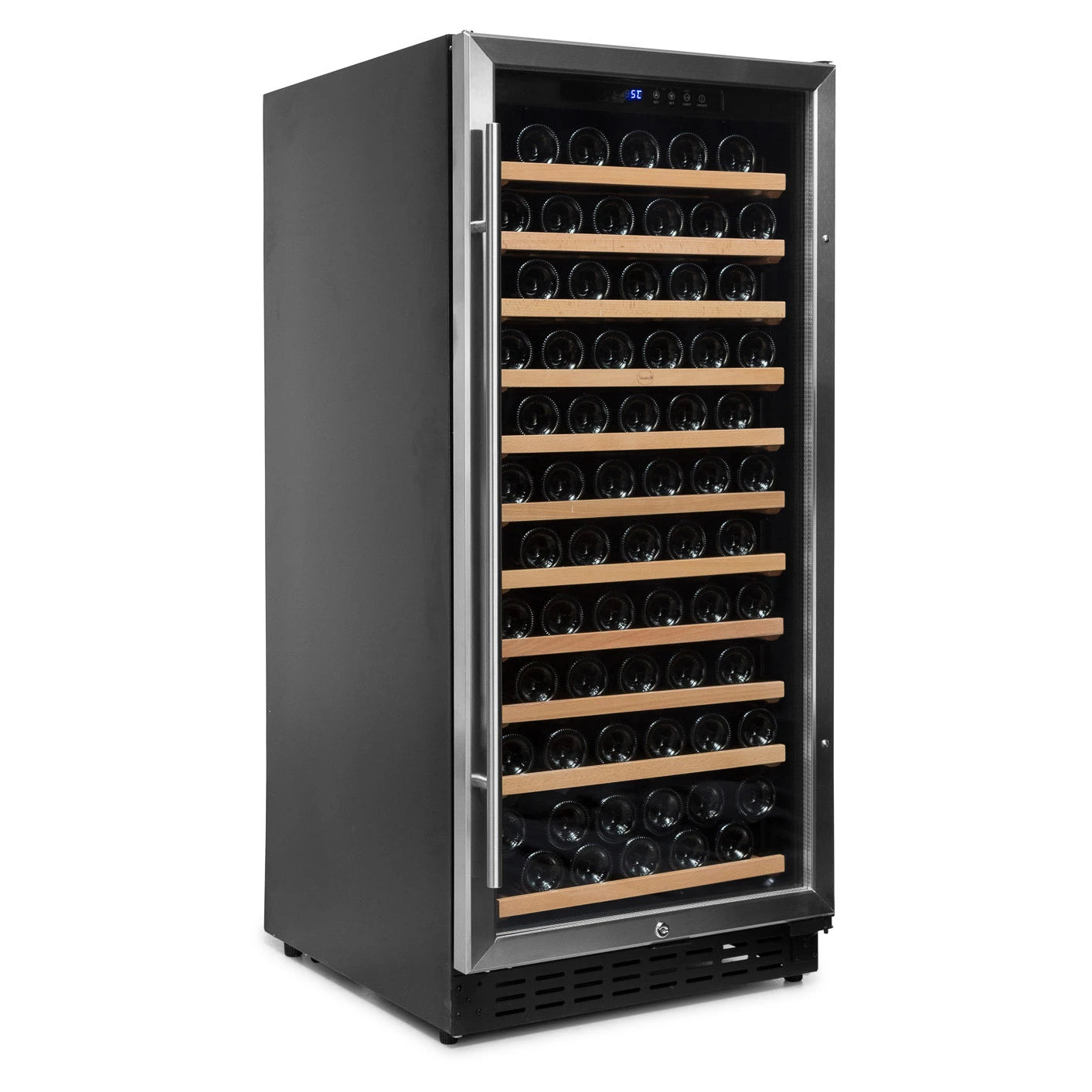 Vinoteca Vinobox V110 GC 1T Inox con puerta de cristal y estantes de madera extraíbles.