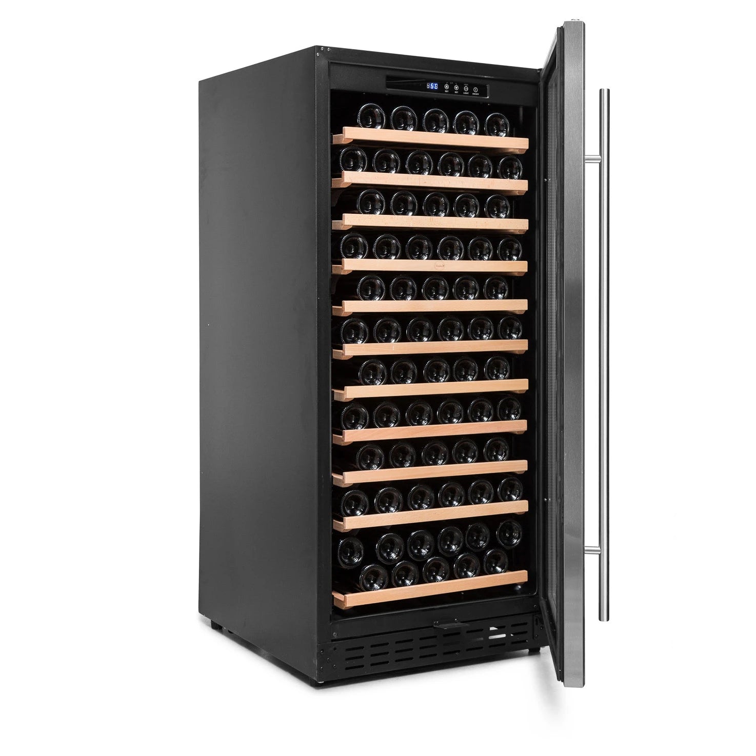 Detalle de la vinoteca Vinobox V110 GC 1T Inox con marco inox y puerta de doble cristal.