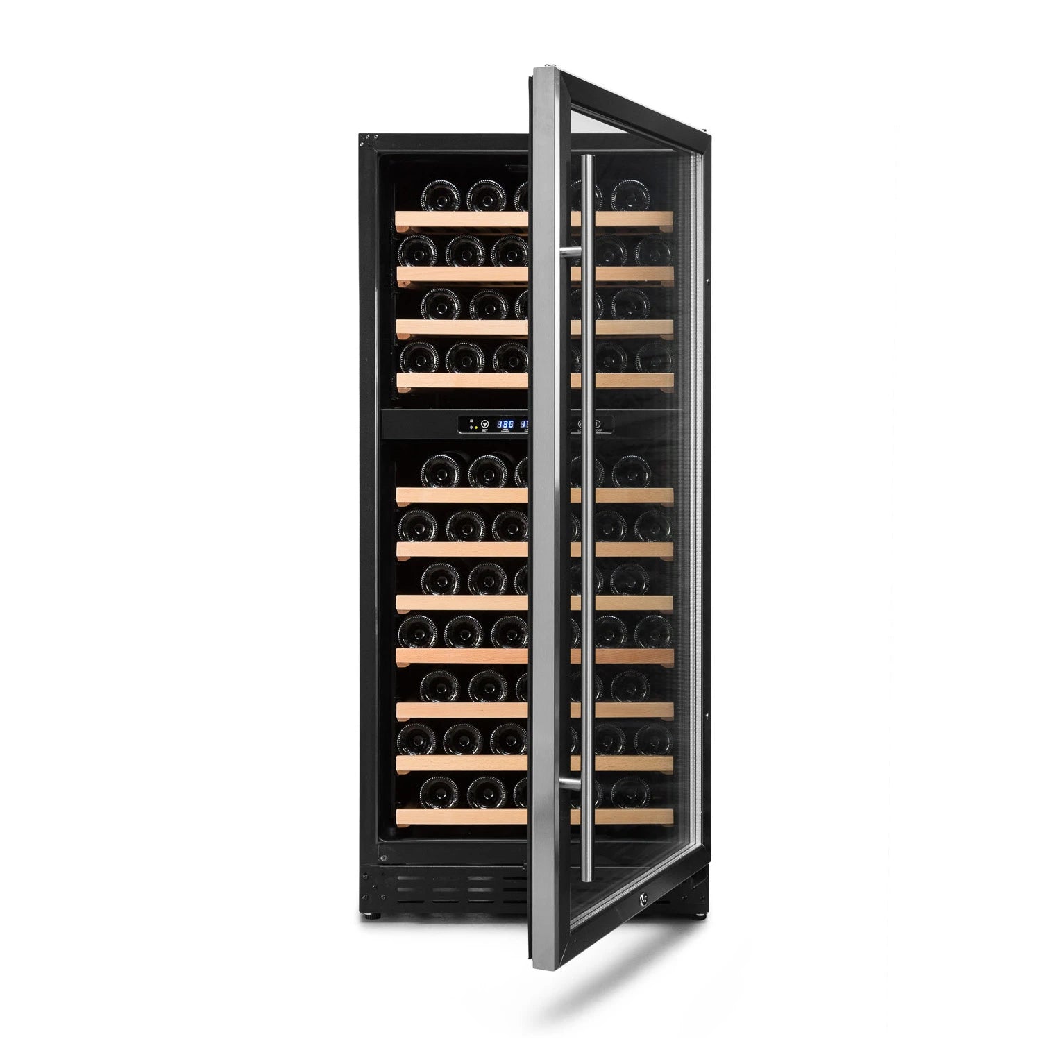 Vinoteca Vinobox V110 GC 2T Inox con puerta de cristal y estantes de madera extraibles.