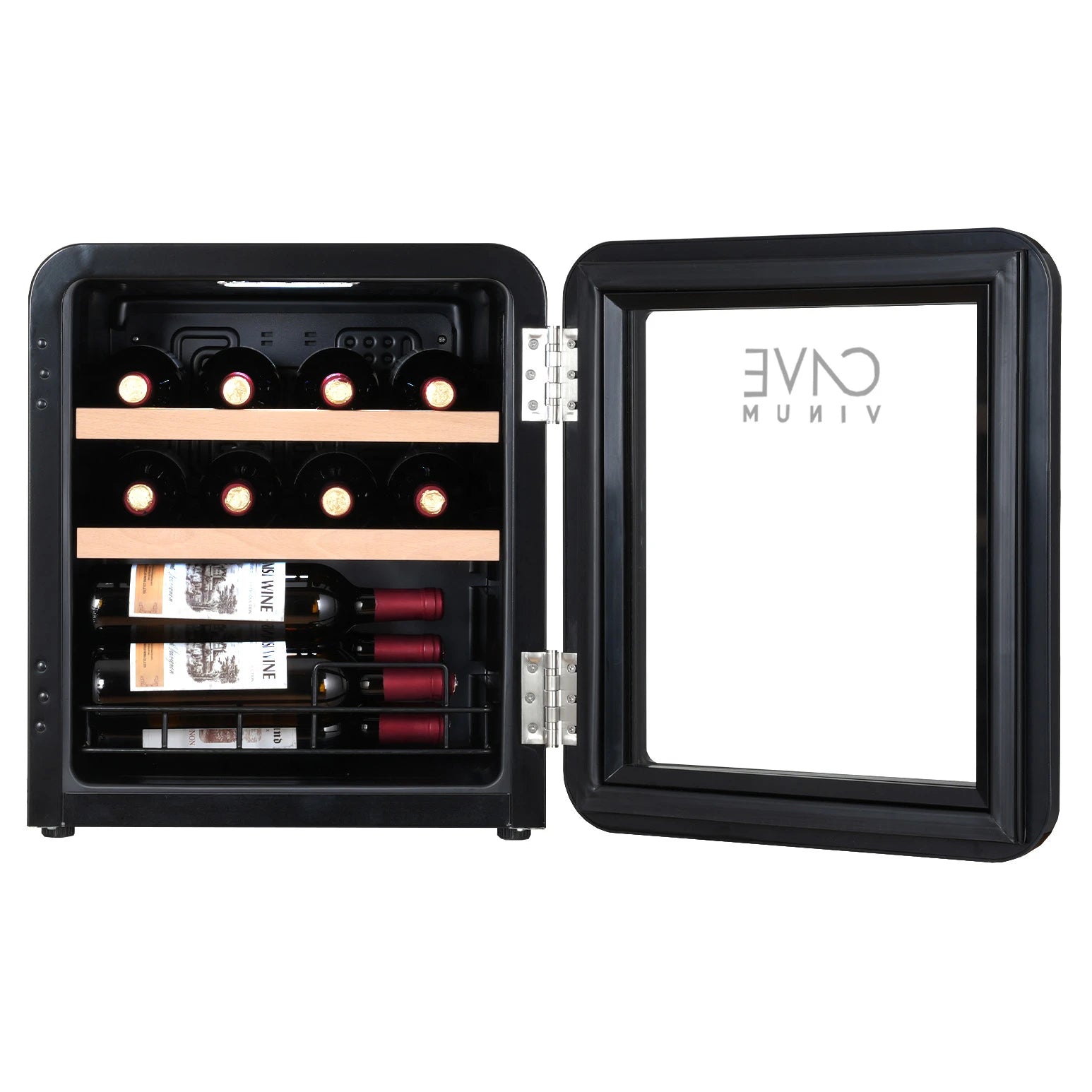 Vinoteca retro Cave Vinum CV-15 para 12 botellas con puerta de vidrio abierta, estantes de madera e iluminación interior.