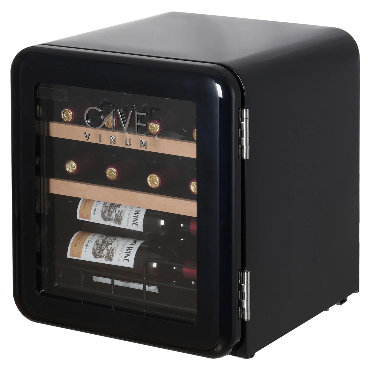 Vinoteca retro Cave Vinum CV-15 para 12 botellas con puerta de vidrio y estantes de madera, vista en ángulo.
