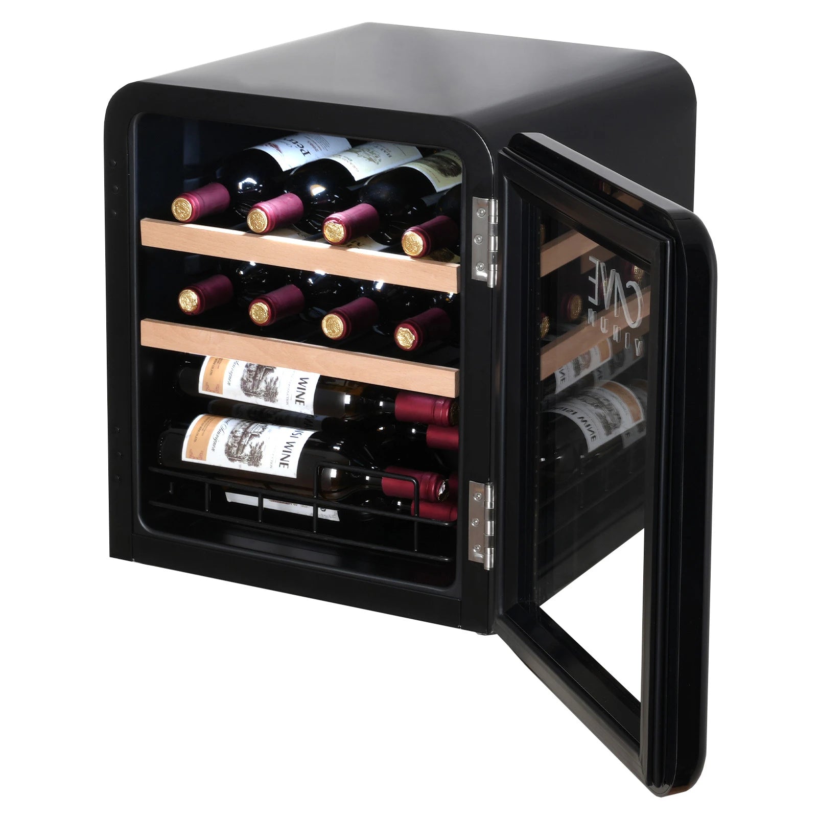 Vinoteca retro Cave Vinum CV-15 para 12 botellas con puerta de vidrio abierta y estantes de madera con botellas de vino.