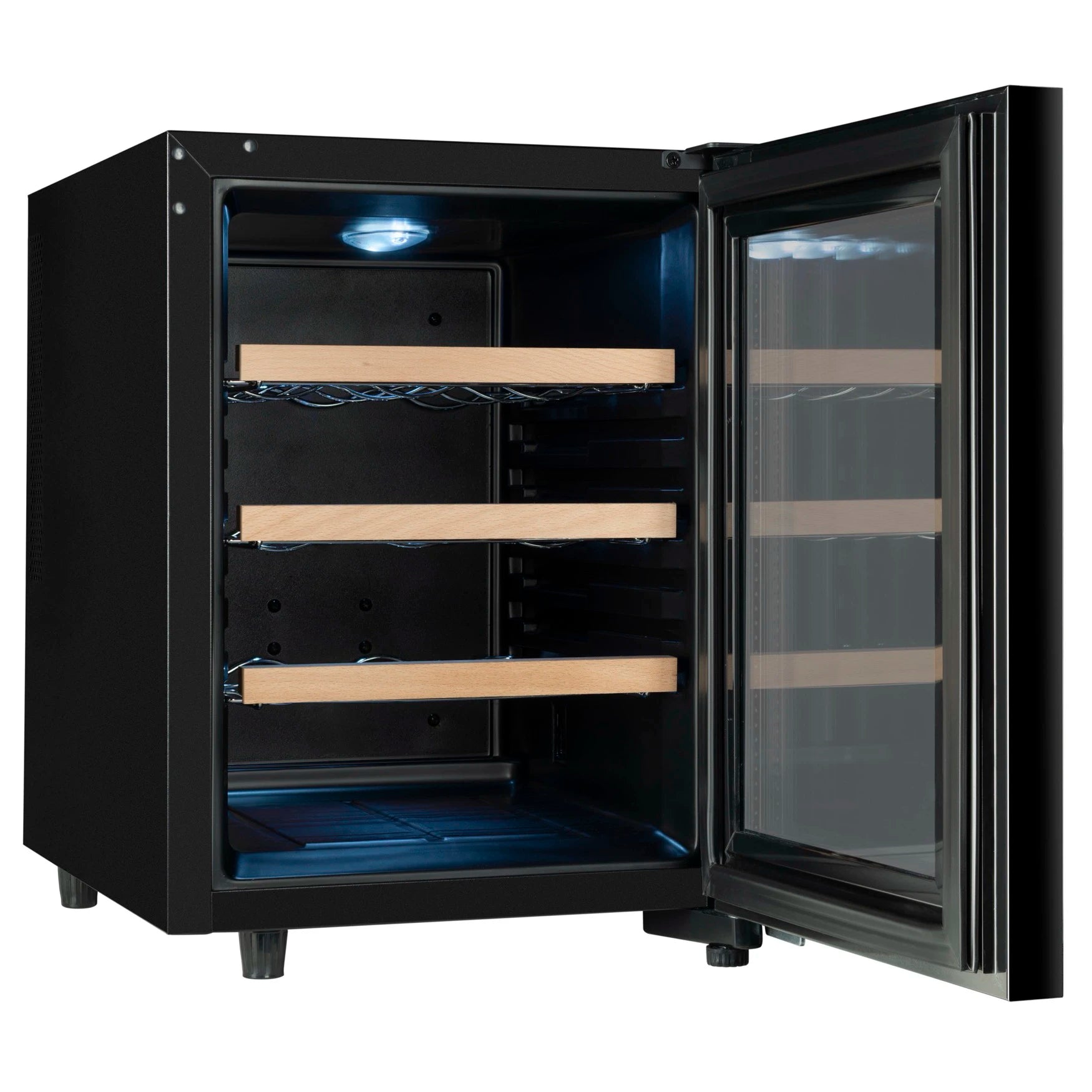 Vinoteca Climadiff CUVEE12 vacía vista en ángulo lateral, con puerta abierta, tres estantes de madera y luz LED interior encendida.