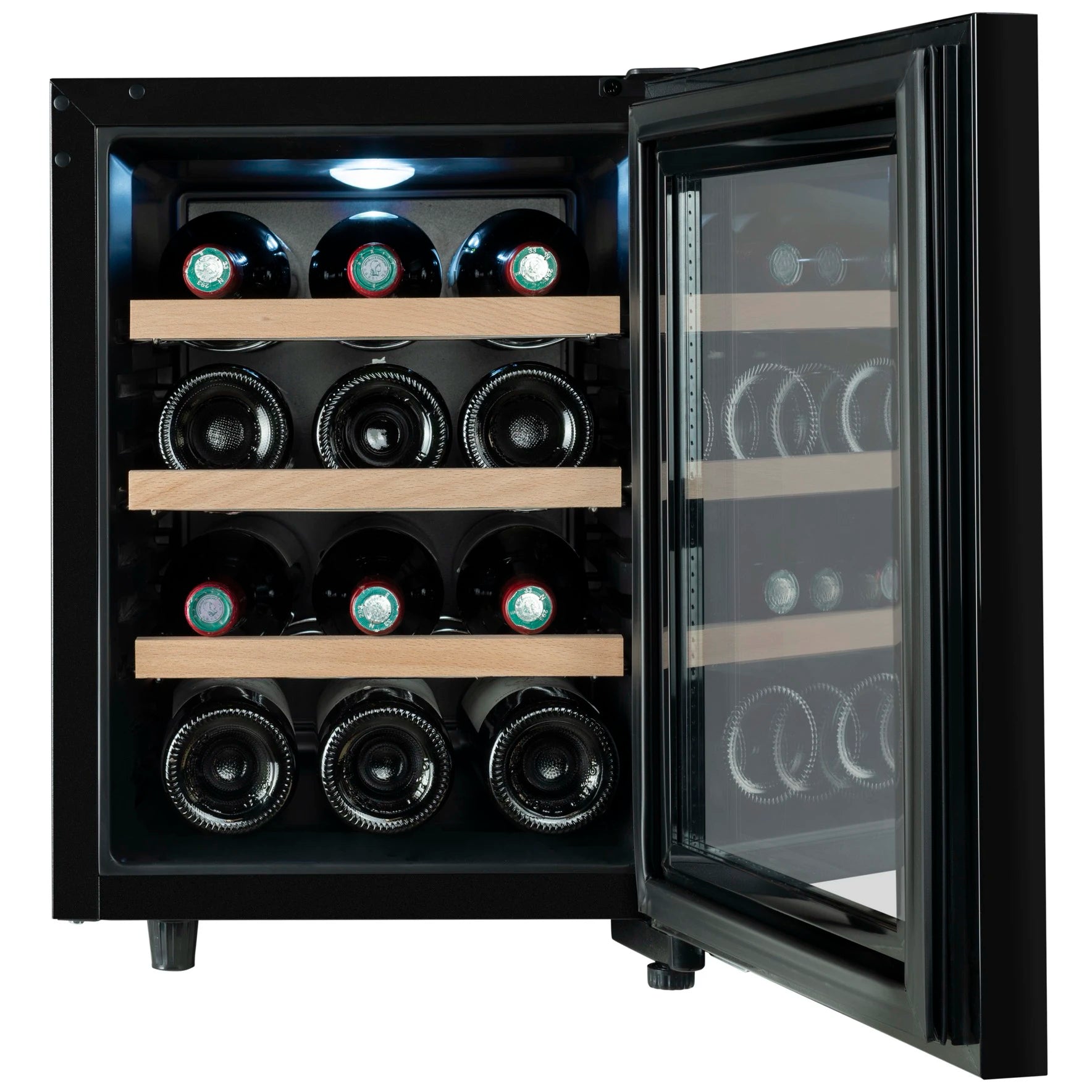Vinoteca Climadiff CUVEE12 con puerta de cristal abierta, mostrando 12 botellas de vino distribuidas en cuatro estantes de madera con luz interior encendida.