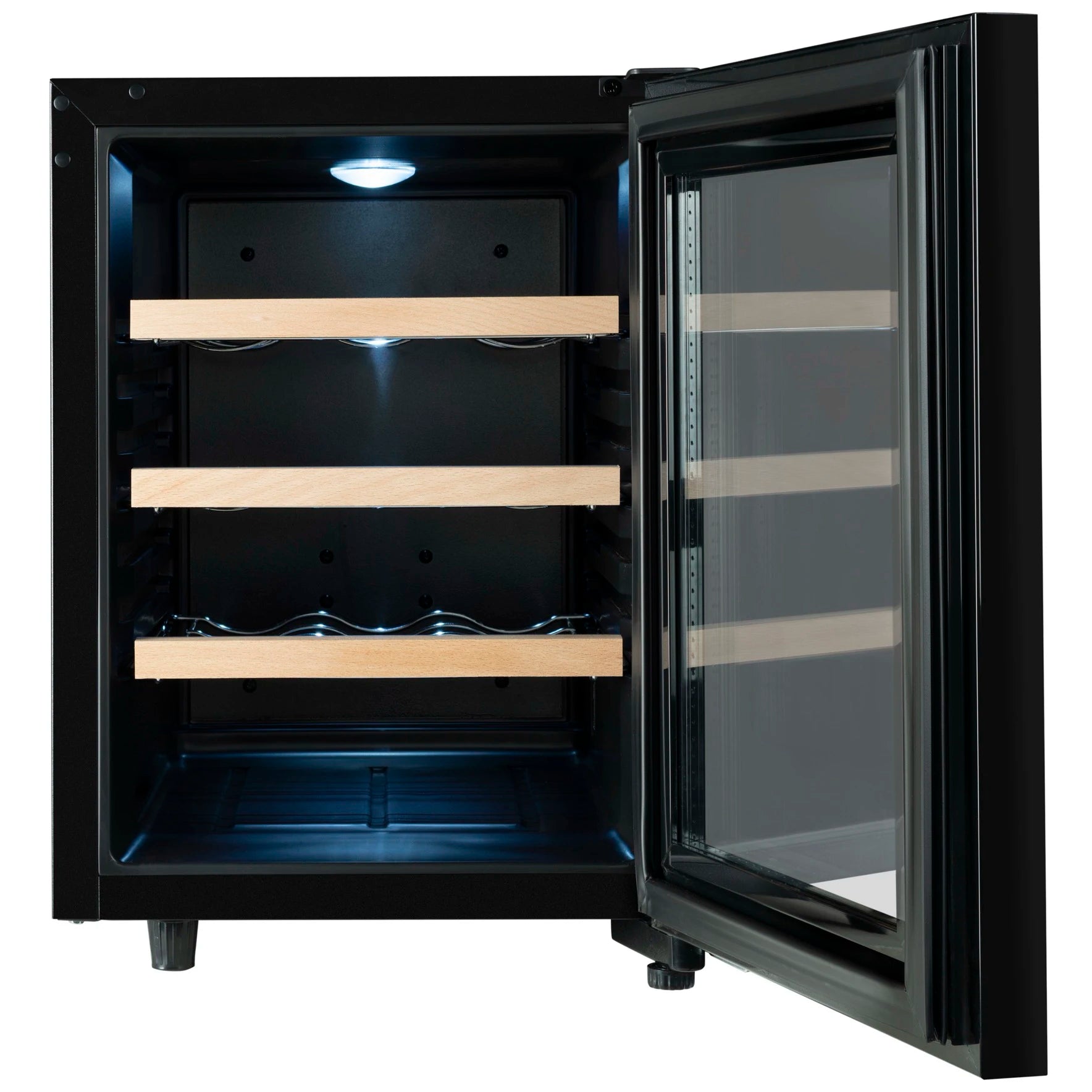 Vinoteca Climadiff CUVEE12 vacía con puerta de vidrio abierta, tres estantes de madera visibles y luz interior encendida.