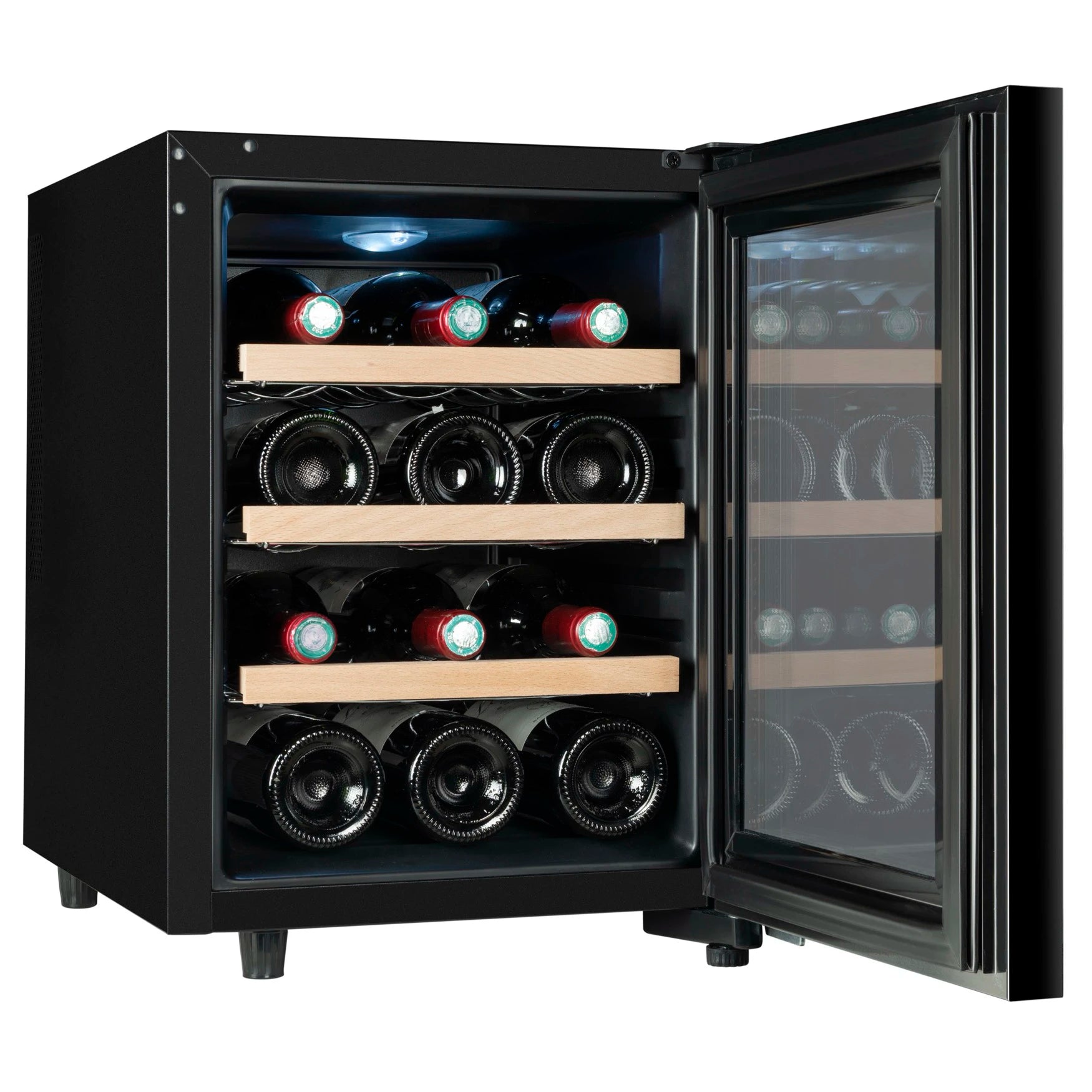 Vinoteca de diseño moderno Climadiff CUVEE12, con puerta de cristal abierta, estantes de madera y capacidad para 12 botellas perfectamente organizadas.