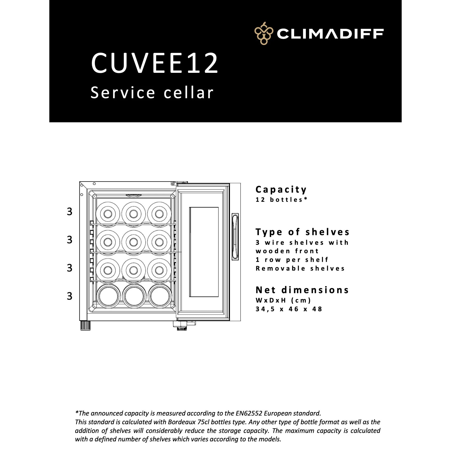 Esquema técnico y características de la vinoteca Climadiff CUVEE12, que incluye capacidad para 12 botellas, tres estantes extraíbles y medidas compactas de 34,5 por 46 por 48 centímetros.