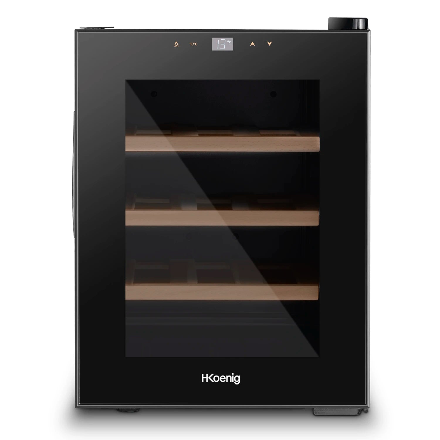 Vinoteca H.Koenig AGE12 con capacidad para 12 botellas, diseño en negro con puerta de vidrio, panel de control táctil en la parte superior y cuatro estantes de madera visibles.