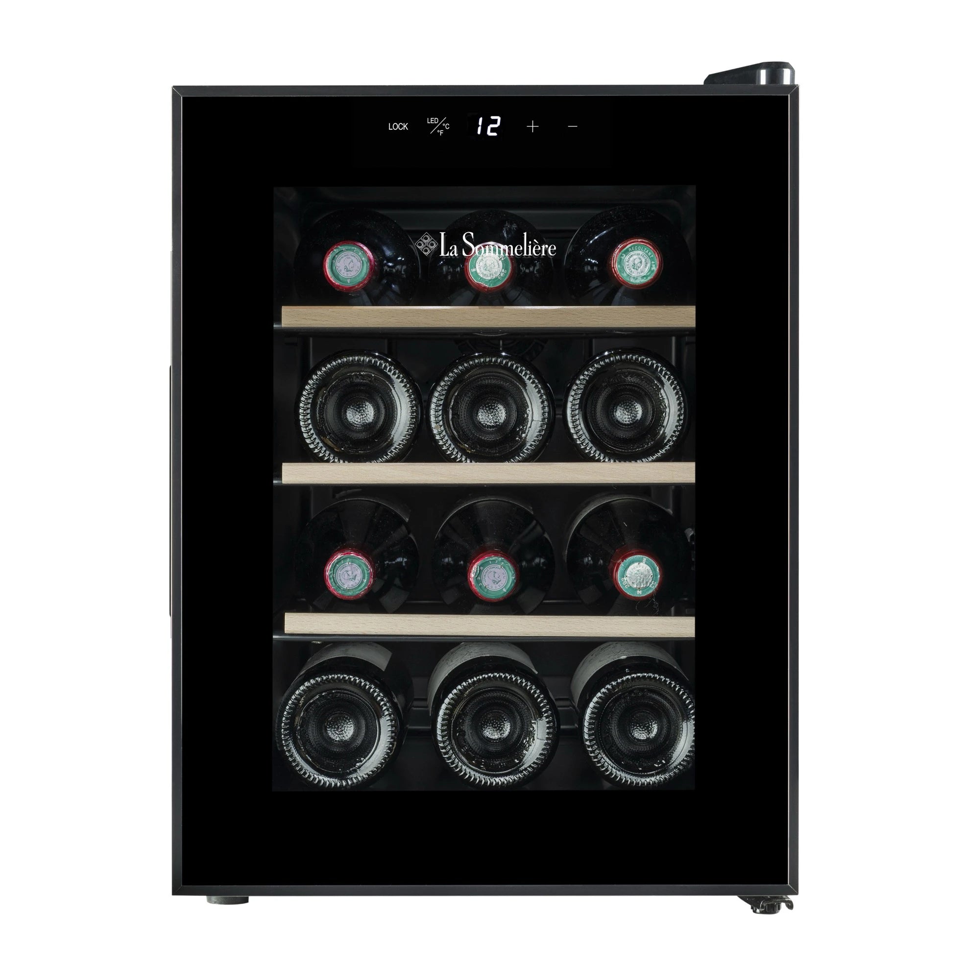 Vista de la Vinoteca 12 botellas La Sommelière 12SILENCE cargada de botellas de vino tinto y blanco