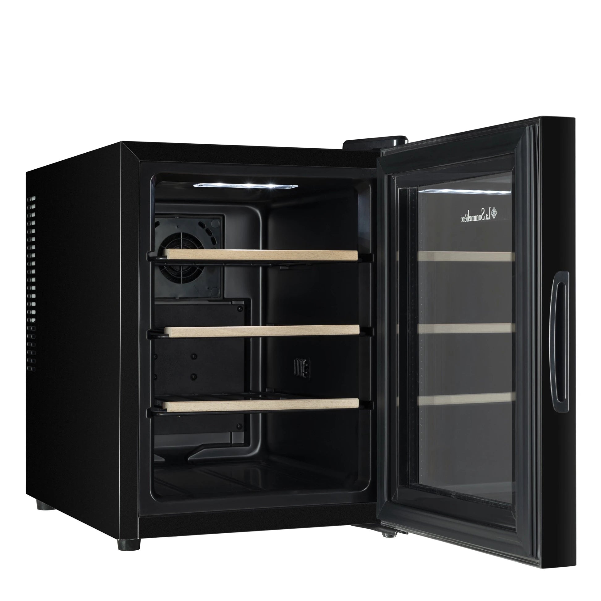 Vista de la Vinoteca 12 botellas La Sommelière 12SILENCE completamente abastecida con botellas de vino