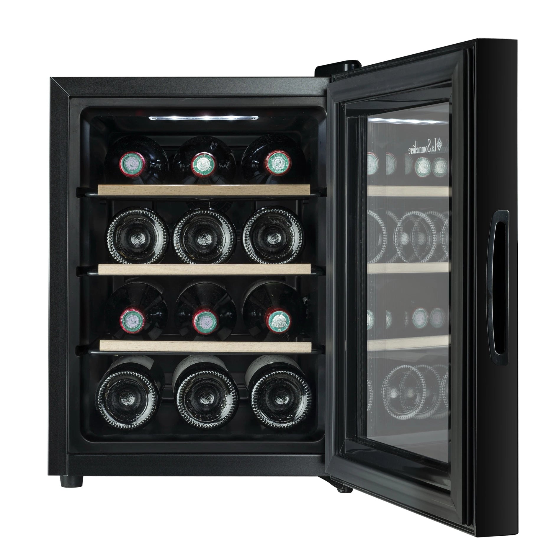 Vista de la Vinoteca 12 botellas La Sommelière 12SILENCE repleta de botellas en estantes de madera