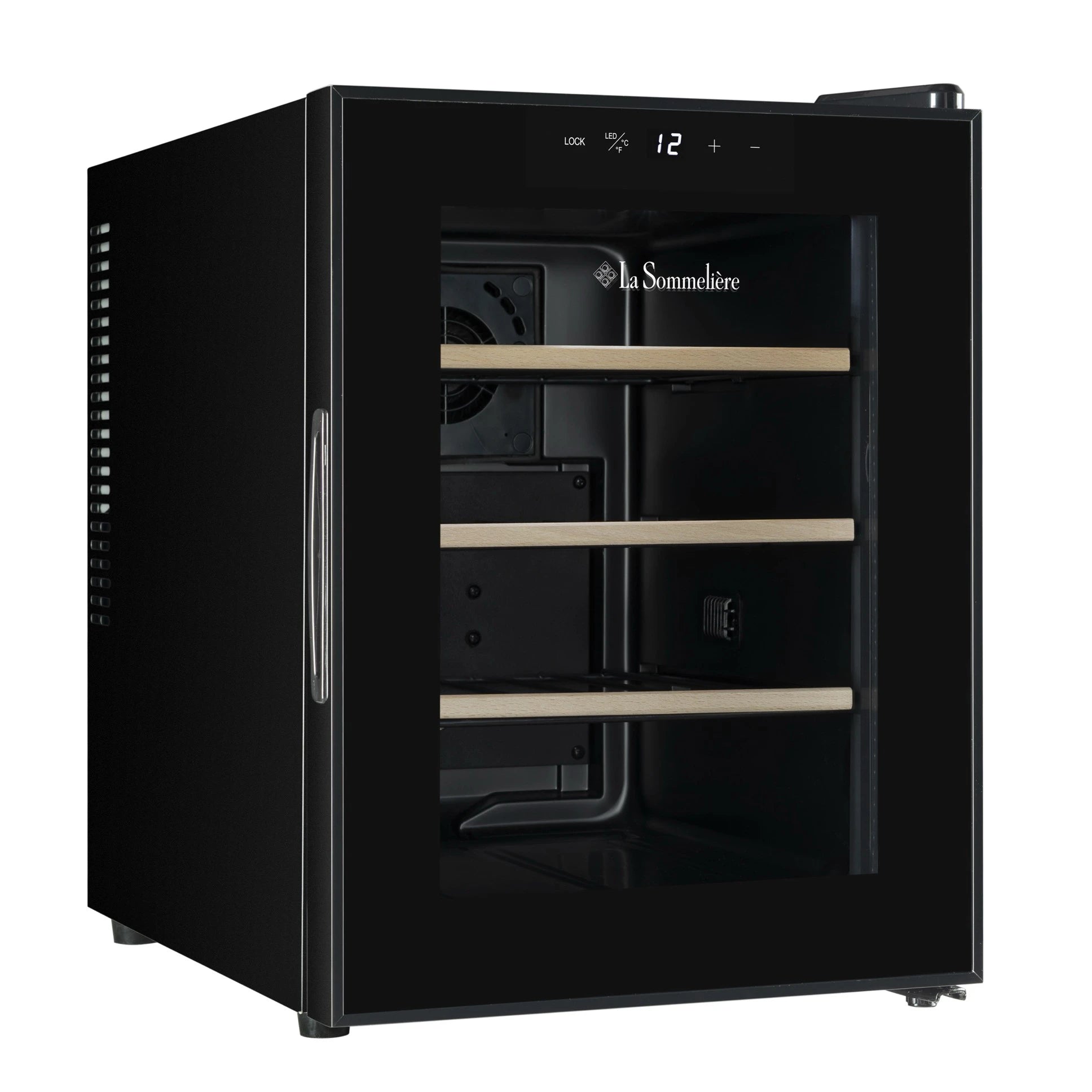 Vista de la Vinoteca 12 botellas La Sommelière 12SILENCE con estantes de madera llenos de botellas