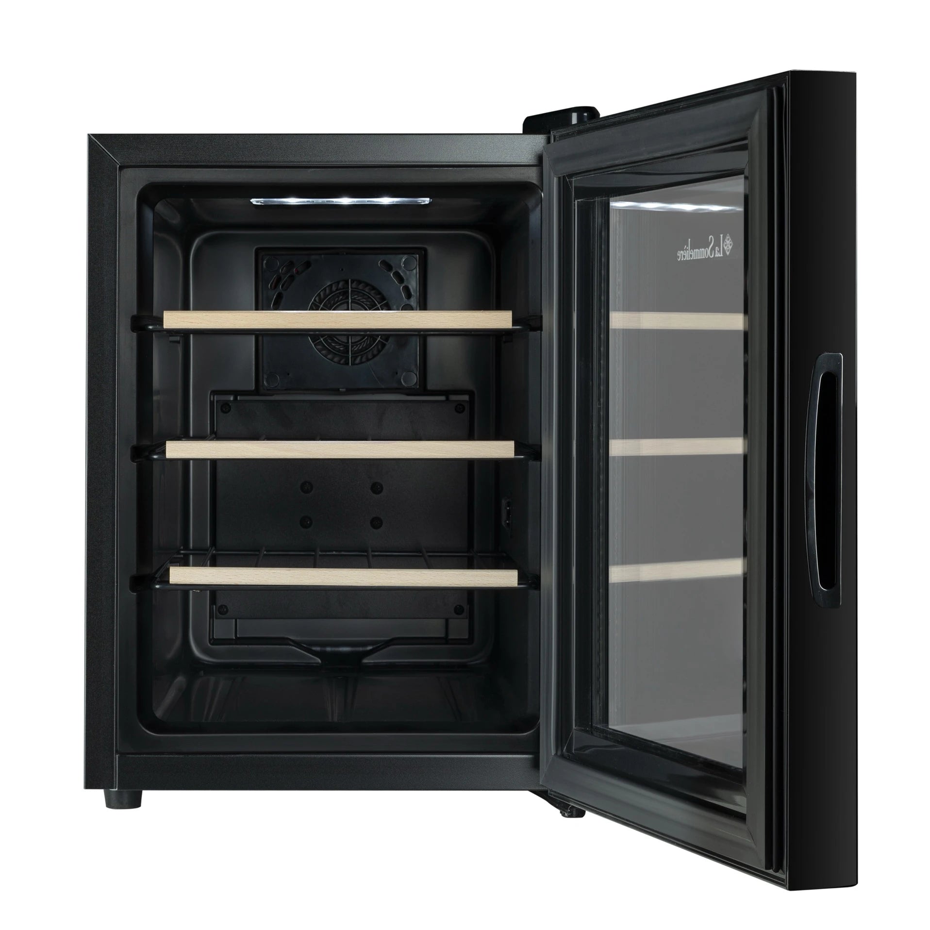 Vista de la Vinoteca 12 botellas La Sommelière 12SILENCE repleta de botellas en estantes de madera