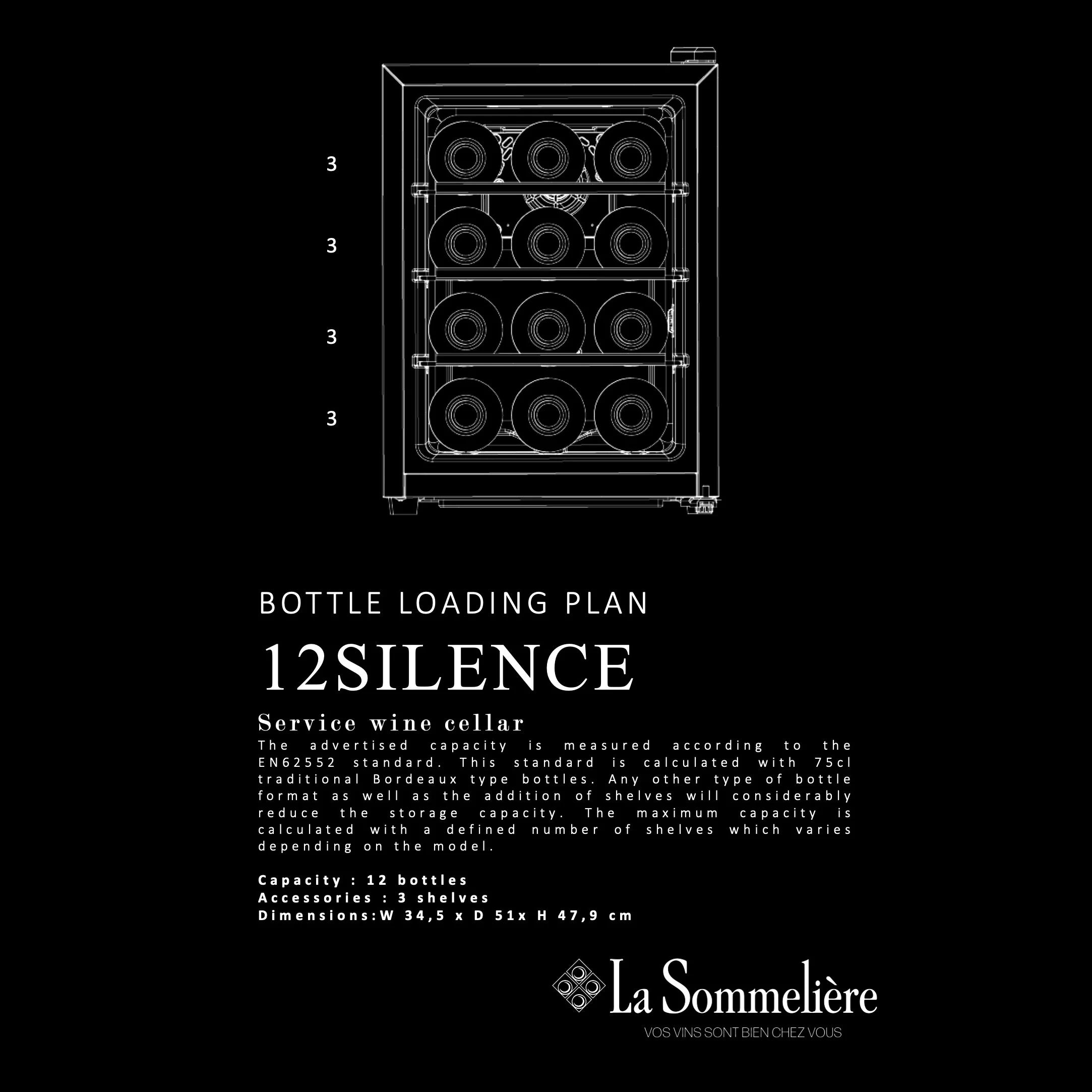 Vista de la Vinoteca 12 botellas La Sommelière 12SILENCE con estantes de madera llenos de botellas