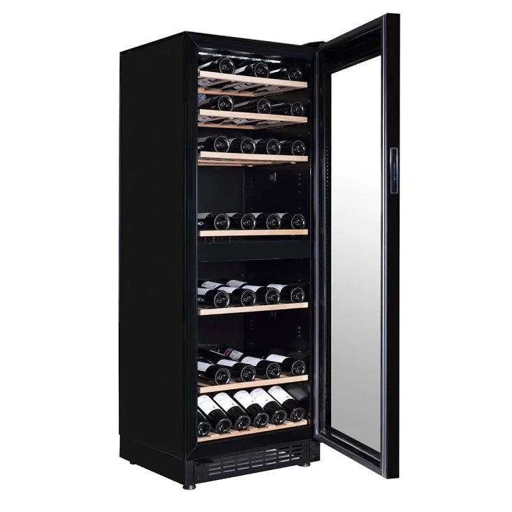 Vinoteca Cave Vinum CV-111-N-2T de 120 botellas, doble zona, interior con estantes de madera.
